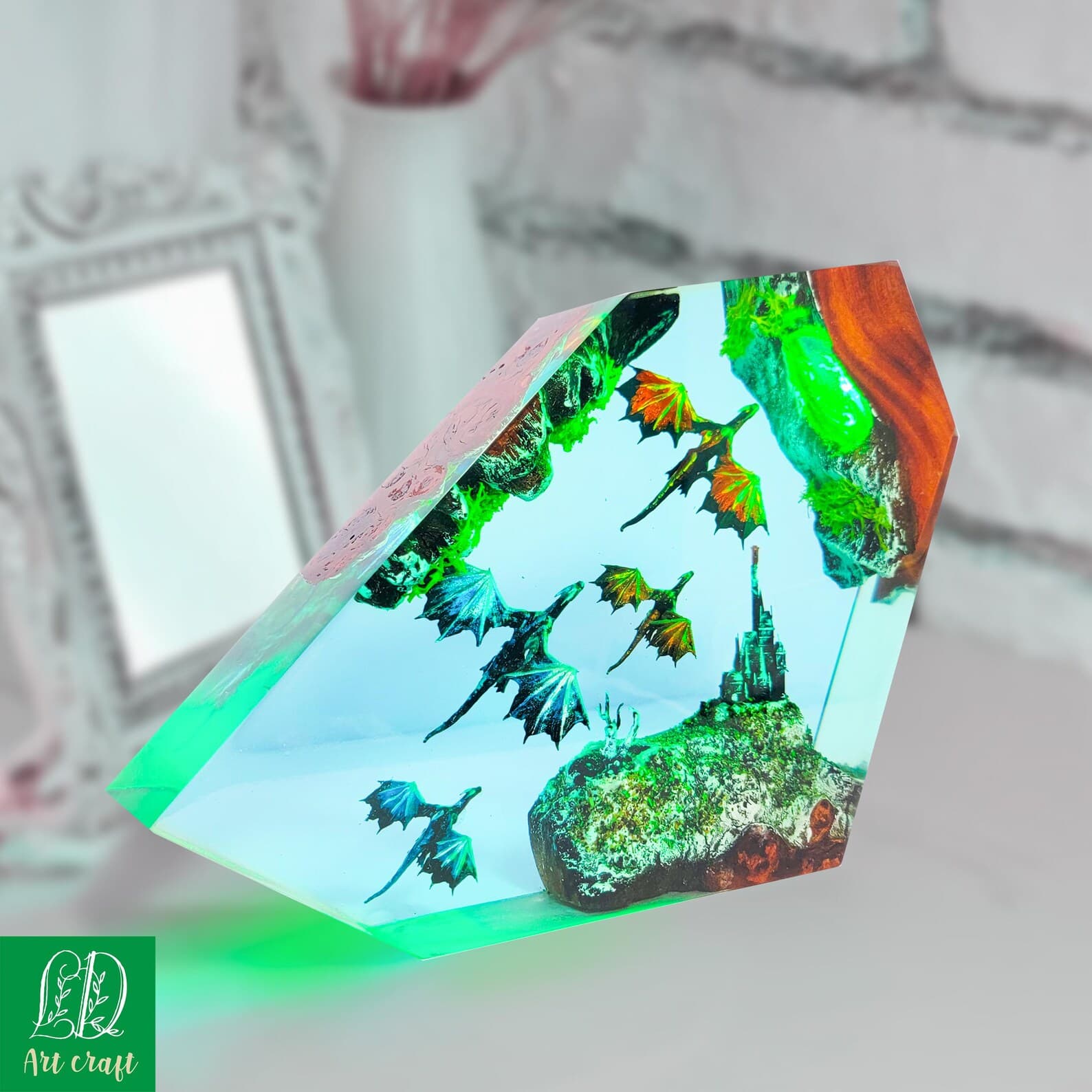 Handmade Dragon Resin Lamp: Fantasy Castle Epoxy Night Light, noel gift 6