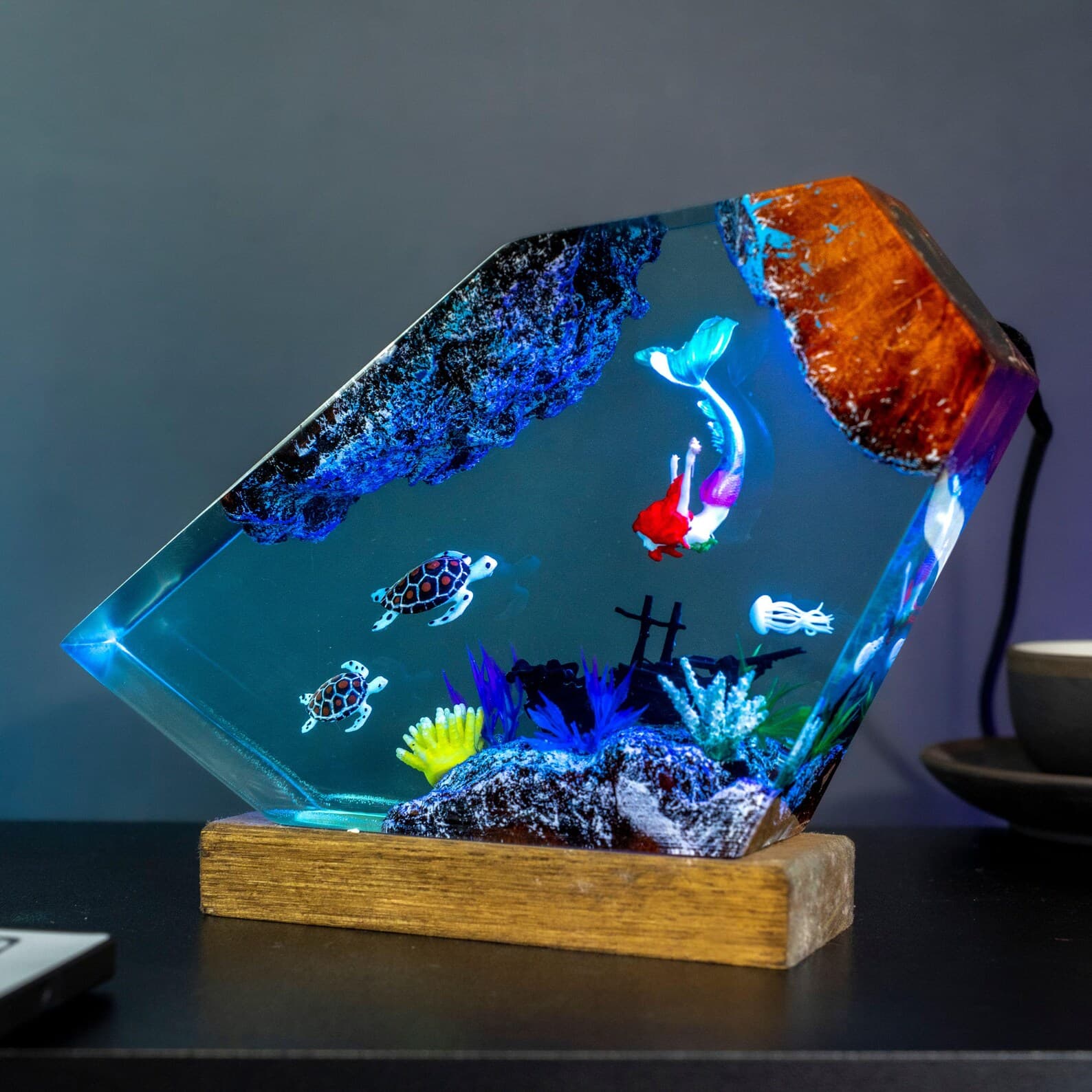 Mermaid Resin Lamp with Sea Turtles and Coral, Ocean Night Light Acrylic Art, Handmade Underwater Decor Gift for Kids and Ocean Lovers 14