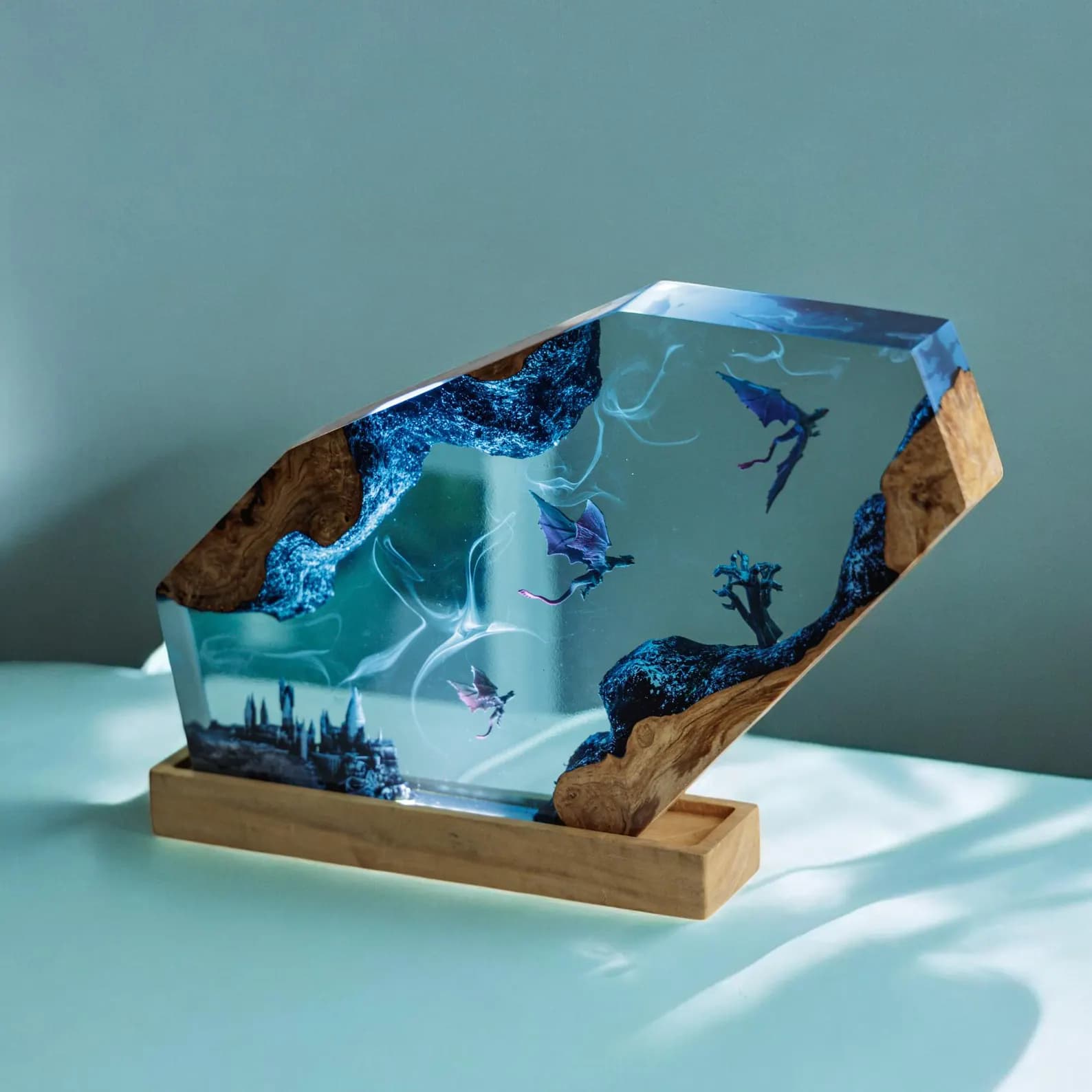 custom dragon night light, wood resin art lamp, handmade wood resin art lamp, personalized gift for him, fantasy dragon lamp, table lamp 4