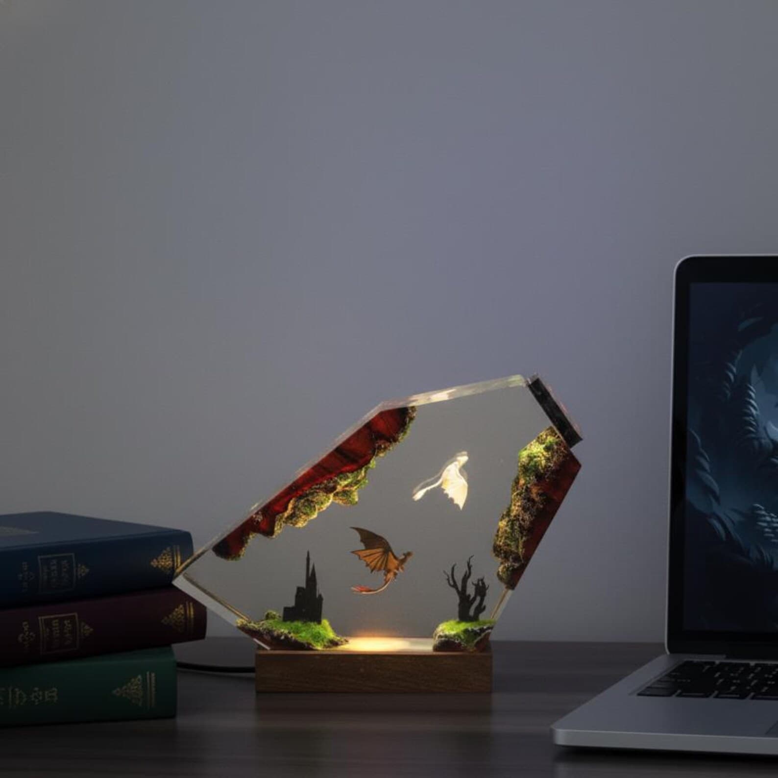 Fantasy Dragon Resin Lamp – Handmade LED Light with Flying Dragons and Castle Scene 3