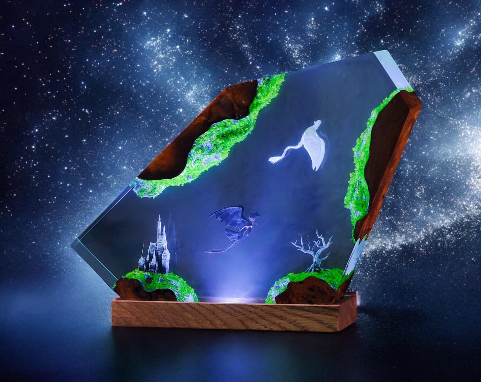 handmade dragon resin lamp, epoxy wood night light, fantasy bedroom decor, custom resin lamp gift, unique collectible lamp for dragon fans 2