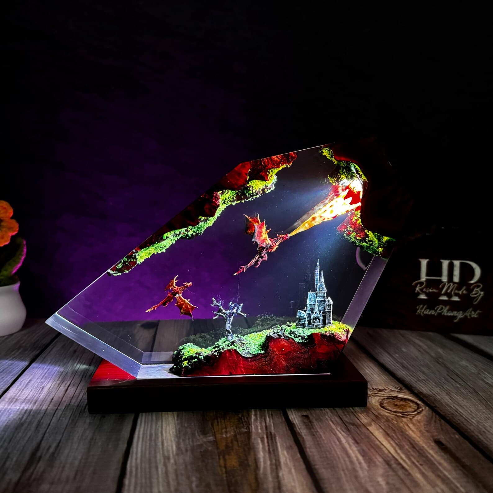 Fire Dragon Resin Lamp – Fantasy Diorama LED Art, Dragon Night Light Decor, Magical Resin Display Gift 8
