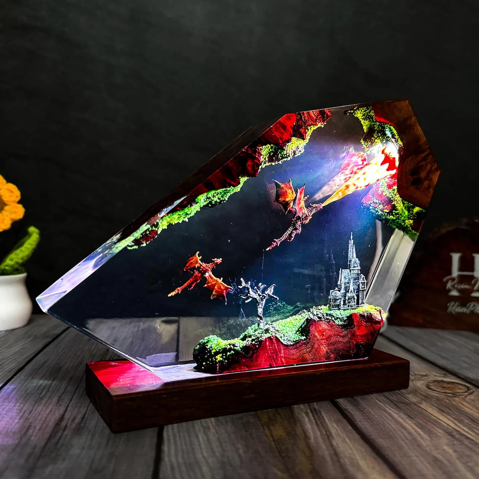 Fire Dragon Resin Lamp – Fantasy Diorama LED Art, Dragon Night Light Decor, Magical Resin Display Gift 4