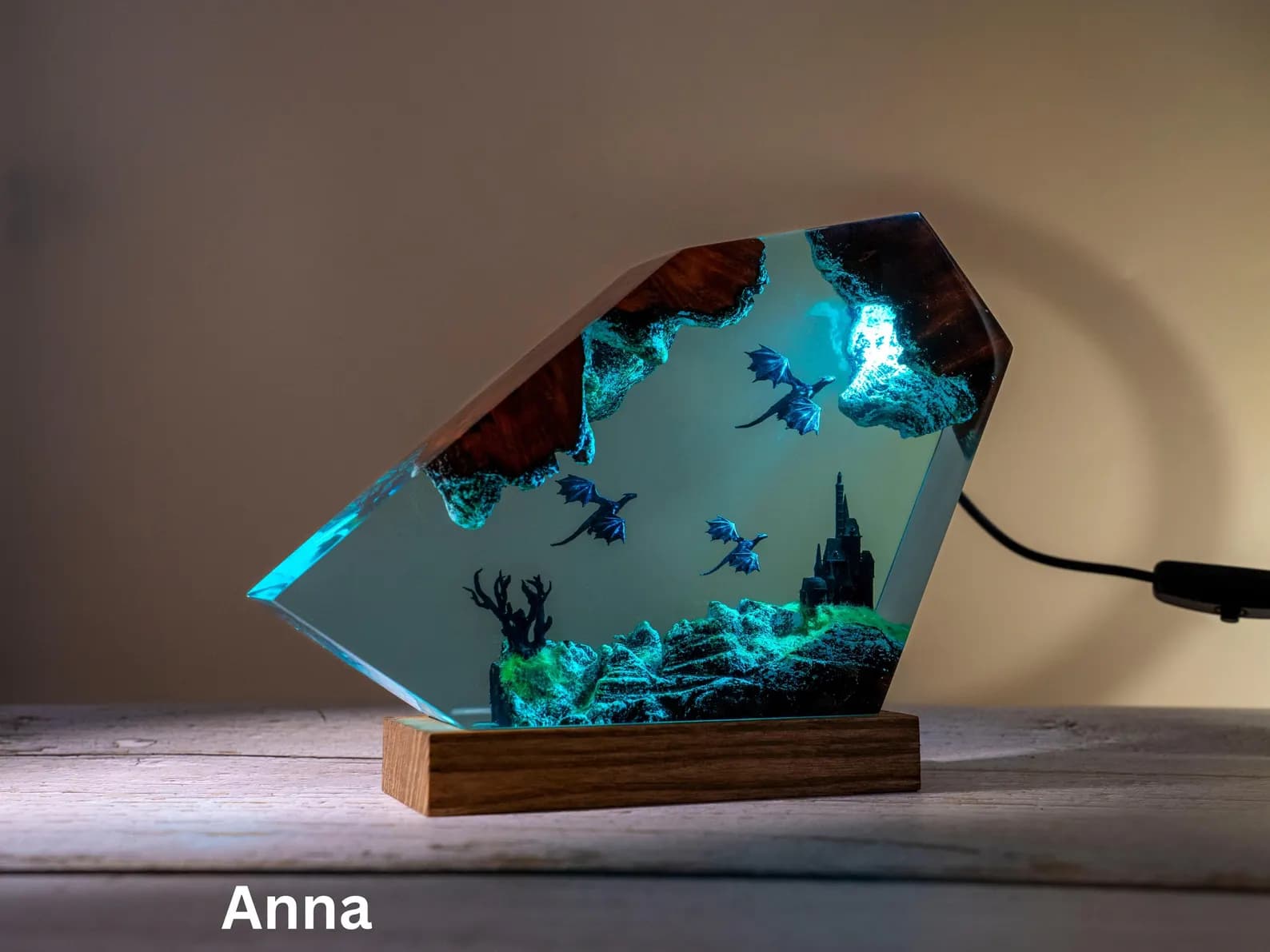 Dragon Resin Night Light: RGB LED Lamp, Wood Base 7