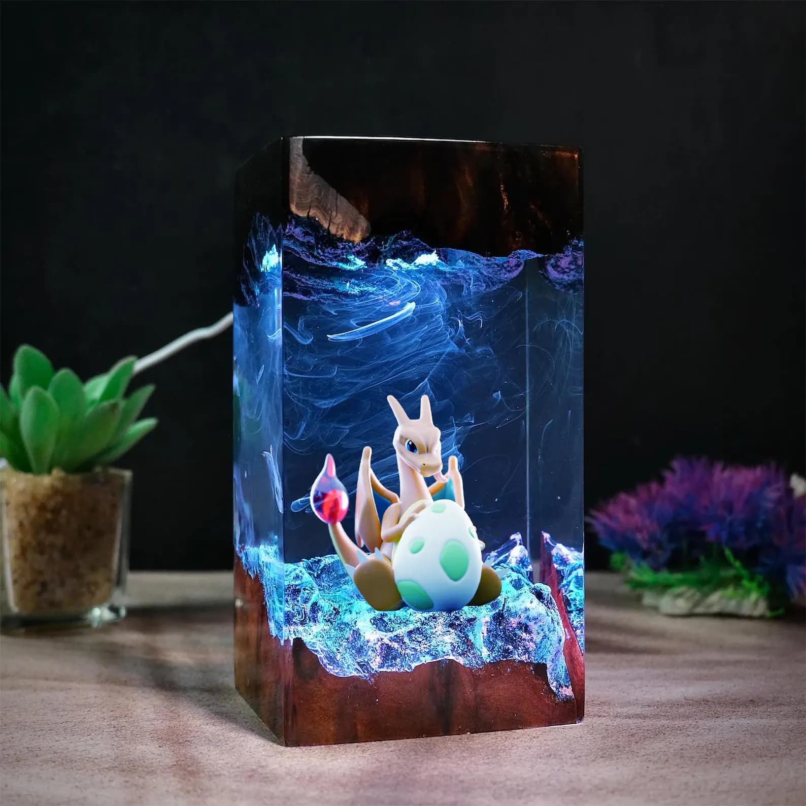 Charizard Resin Lamp, Custom Epoxy Diorama Lamp, Handcrafted Decoration Wood Lamp, Personalized Gift for Decor Home, Gaming Decor 5