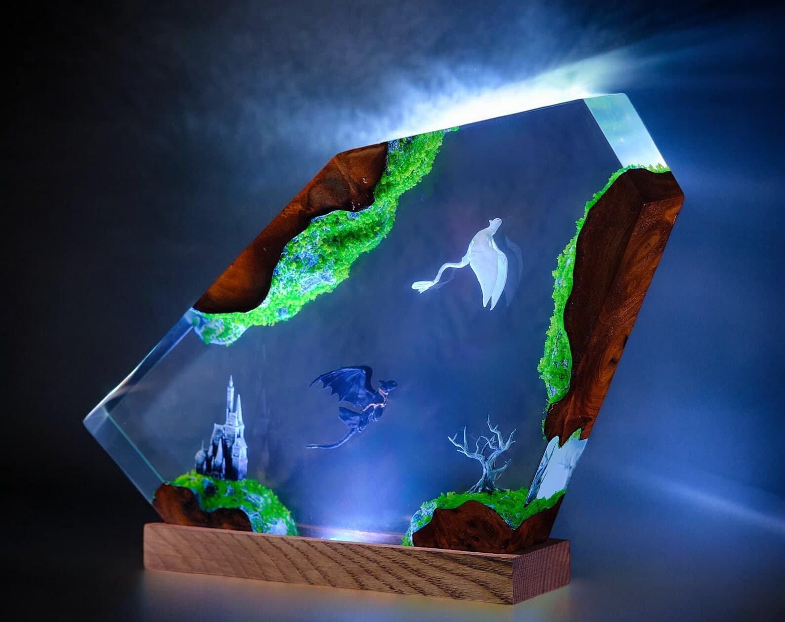 handmade dragon resin lamp, epoxy wood night light, fantasy bedroom decor, custom resin lamp gift, unique collectible lamp for dragon fans 8