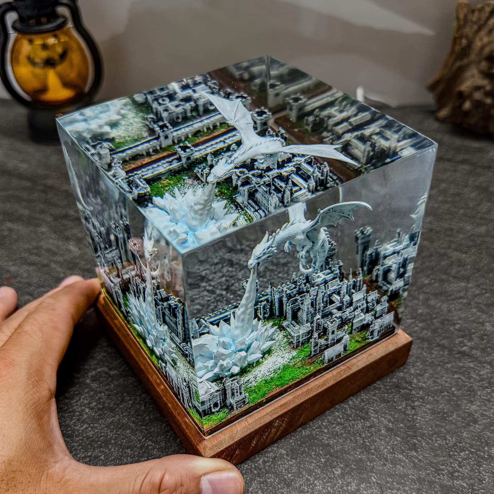 Dragon Ice resin epoxy lamp, 3D ice breath dragon epoxy night light, handmade table lamp, home decor, Gift for him, father, unique gift. 6