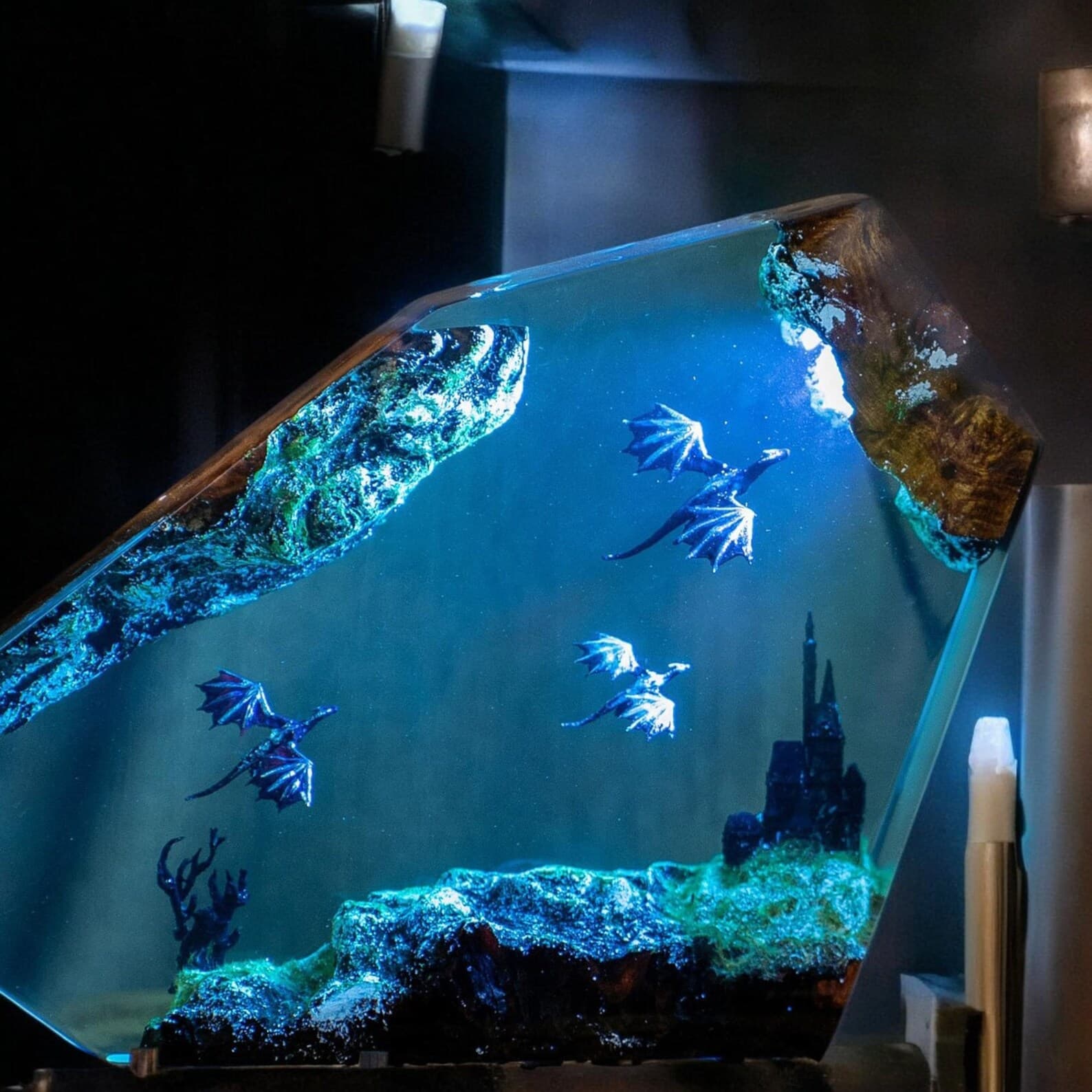 Handmade Dragon Lamp: 3D Resin Wood Fantasy Table Light 8