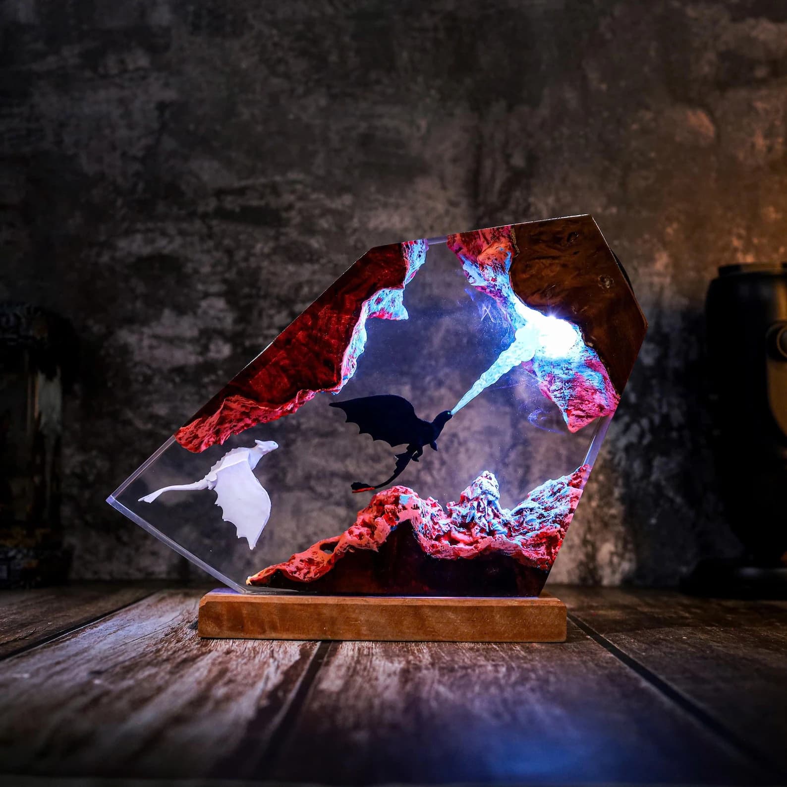 Blaze of the Night | Toothless & Light Fury Fantasy Lamp in Wood Resin epoxy Lamp Breath of the Night Fury Dragon Lamp httyd art 3