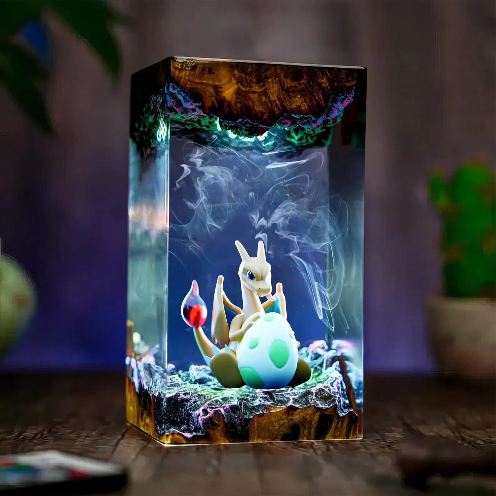 Charizard Resin Lamp, Custom Epoxy Diorama Lamp, Handcrafted Decoration Wood Lamp, Personalized Gift for Decor Home, Gaming Decor 1