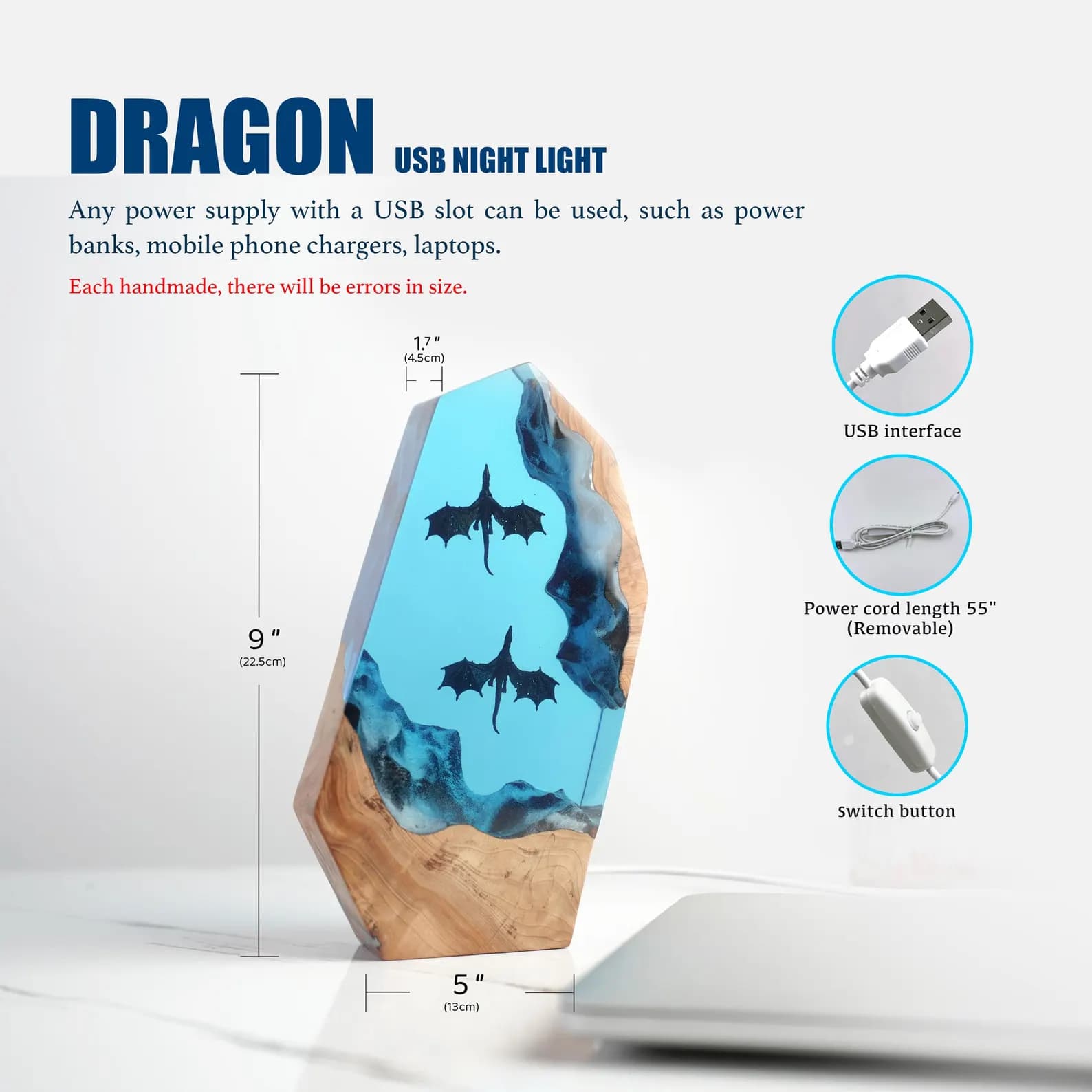 Fire & Ice Dragon Resin Wood Lamp – Fantasy Dragon Night Light, Gamer Desk Decor, Unique Collector Gift 6
