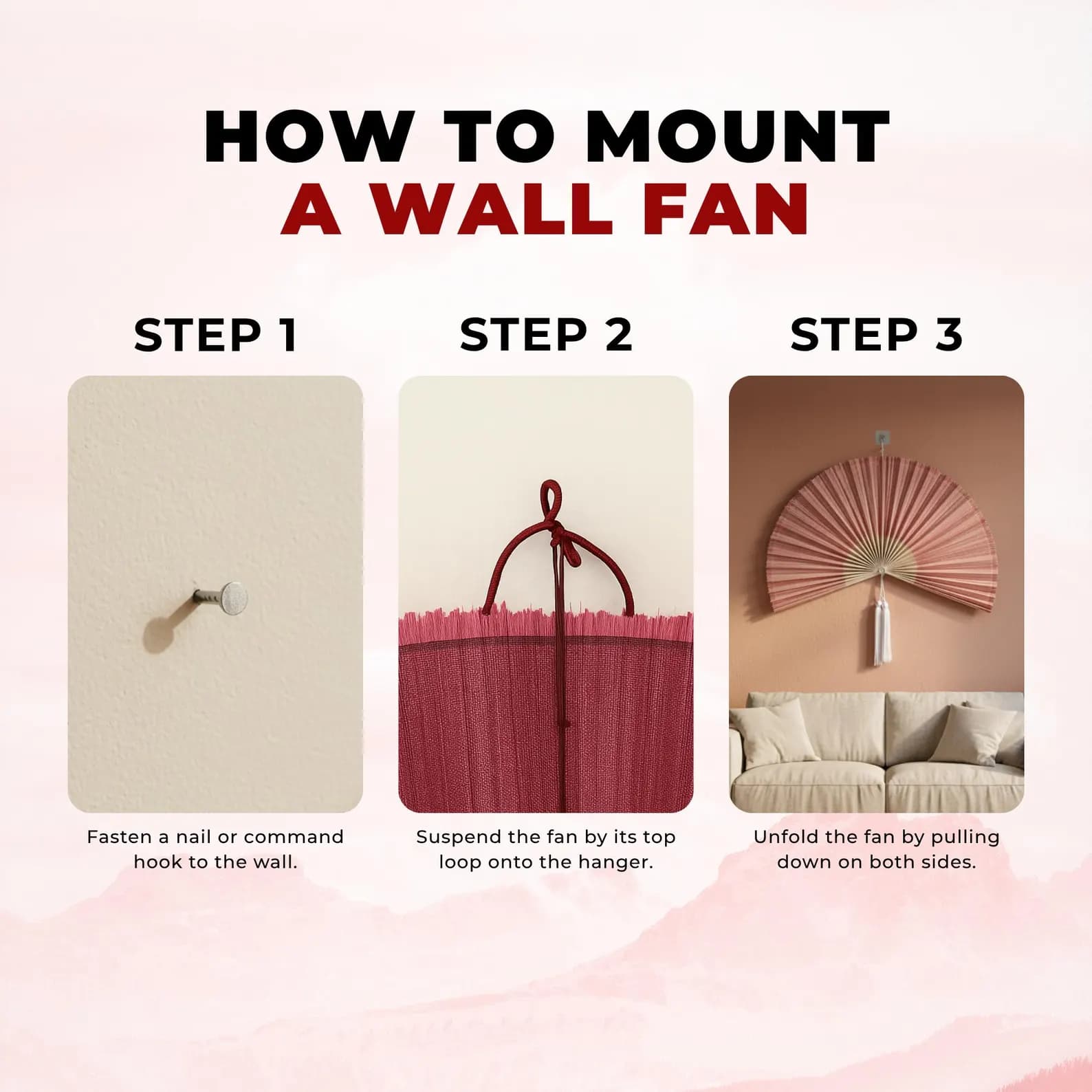 Light Pink Bamboo Wall Hanging Fan 7