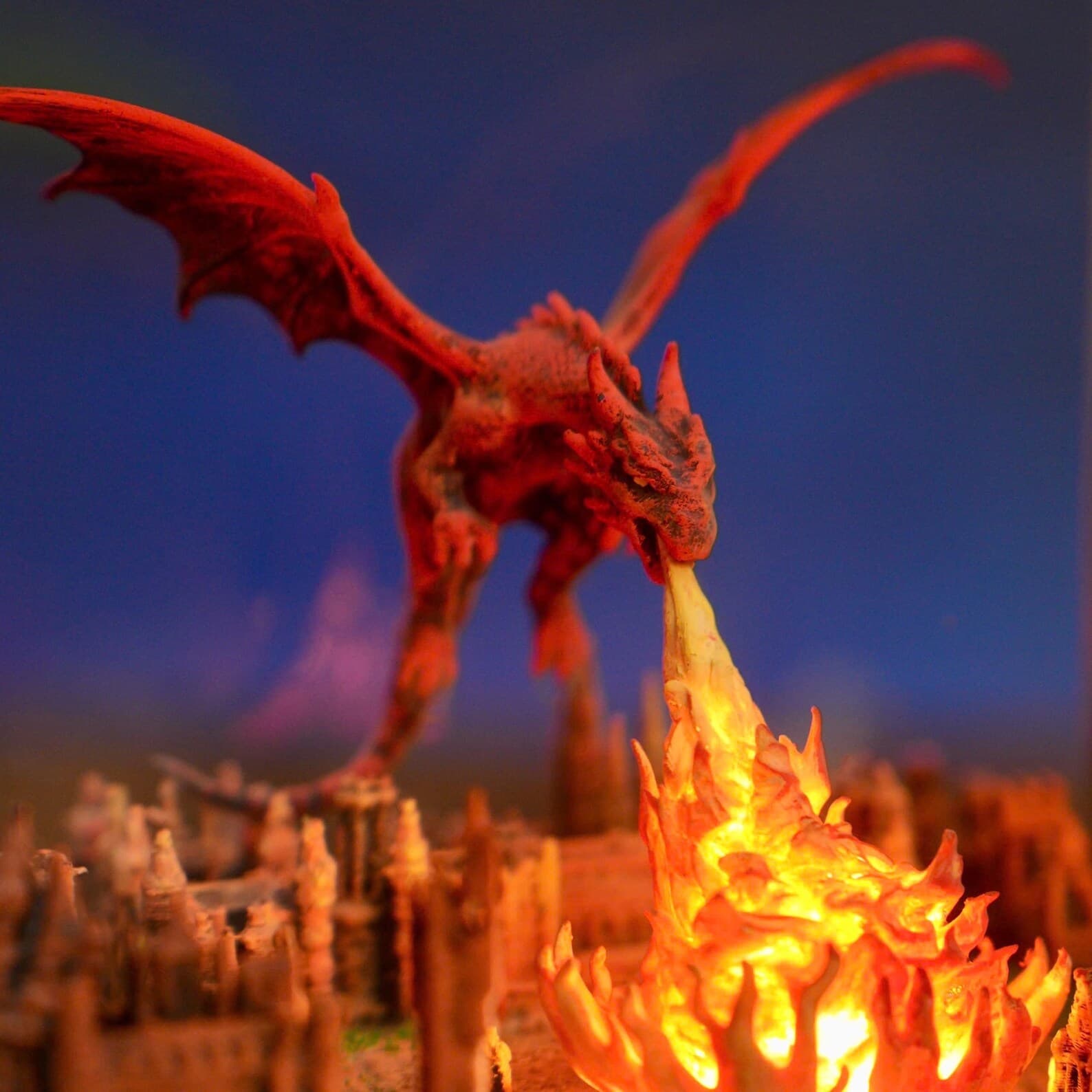 Dragon Breathing Fire on City, Fantasy Dragon Lamp – Resin & Wood Night Light – Fire Dragon Attacking City Gift for him 4