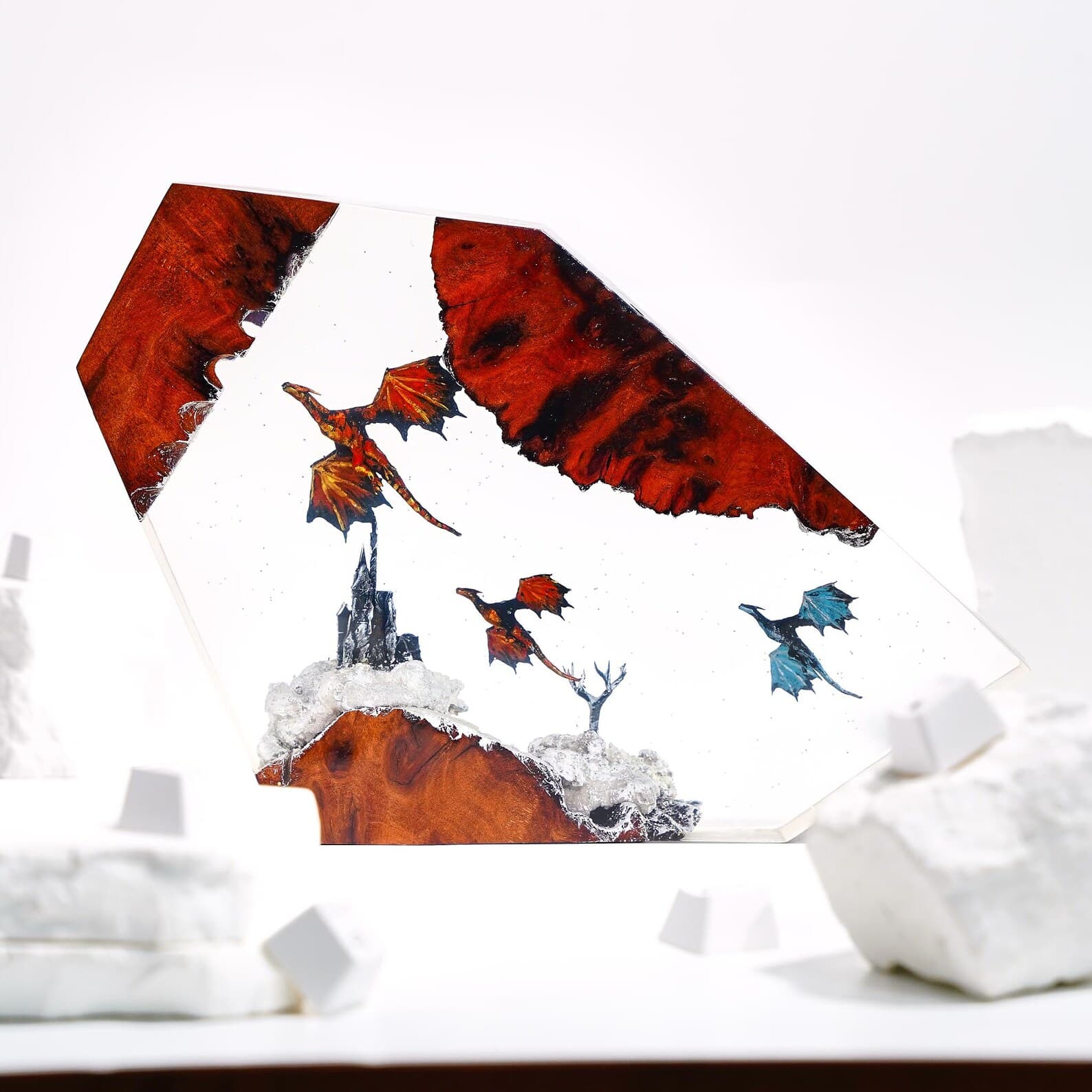 Dragon Siege Epoxy Resin Lamp – Handmade Diorama Fantasy Light – Red Dragons & Castle Centerpiece, Gift for Him 7