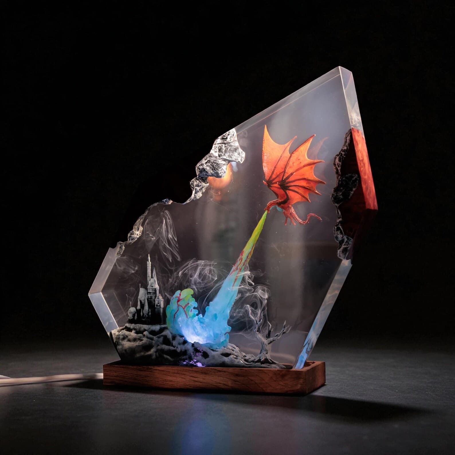 Fantasy Dragon Resin Lamp, Custom Epoxy Night Light, Wood & Epoxy Art Lamp
