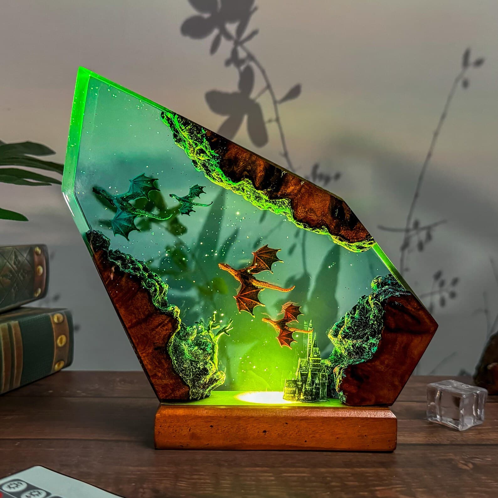 Handmade Fire & Ice Dragon Lamp : 3D Resin Wood Decor , Fantasy LED Light Gift 8