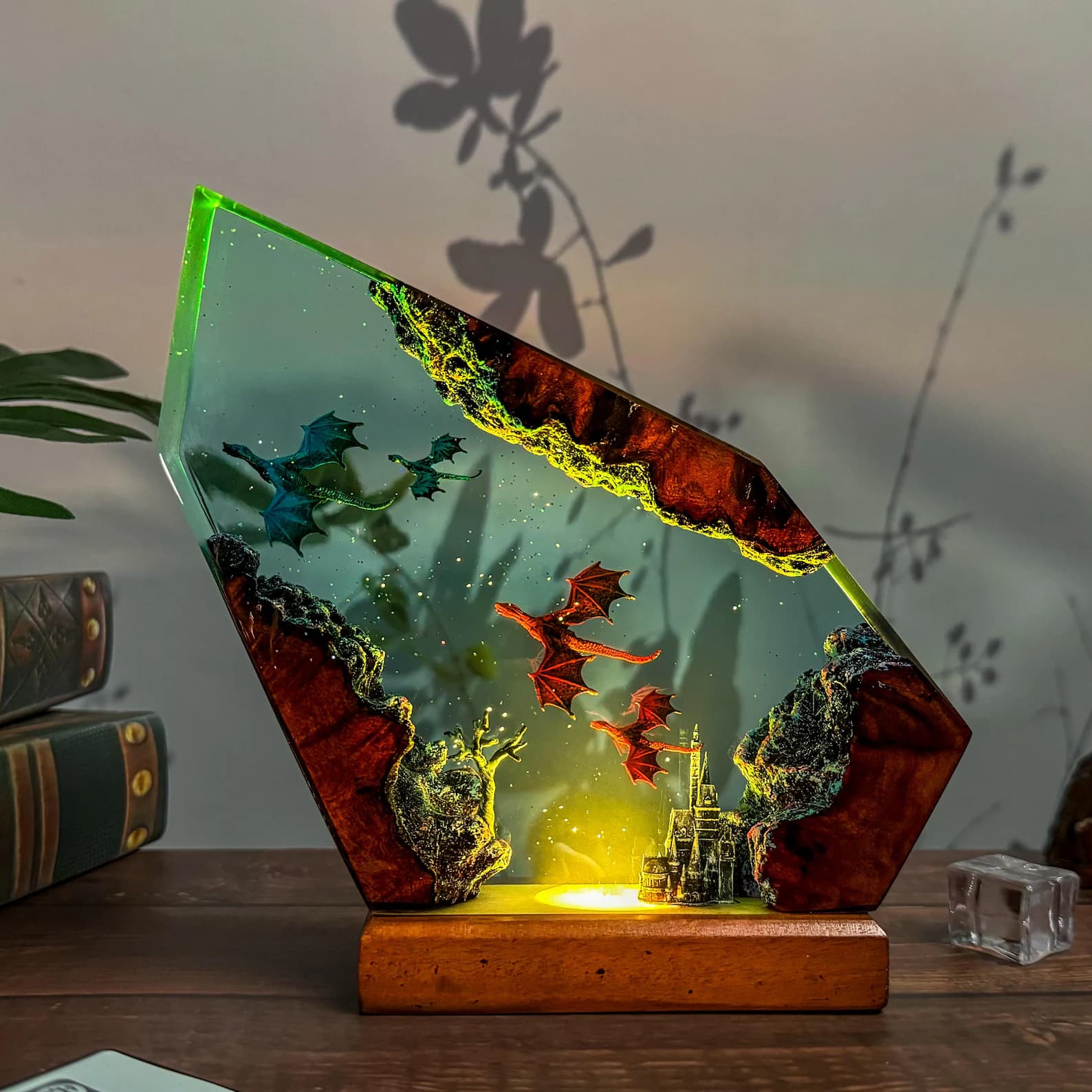 Handmade Fire & Ice Dragon Lamp : 3D Resin Wood Decor , Fantasy LED Light Gift 6