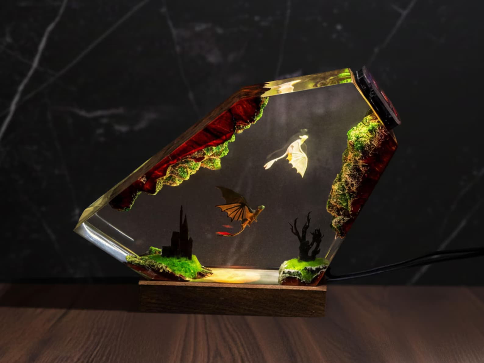 Fantasy Dragon Resin Lamp – Handmade LED Light with Flying Dragons and Castle Scene 1