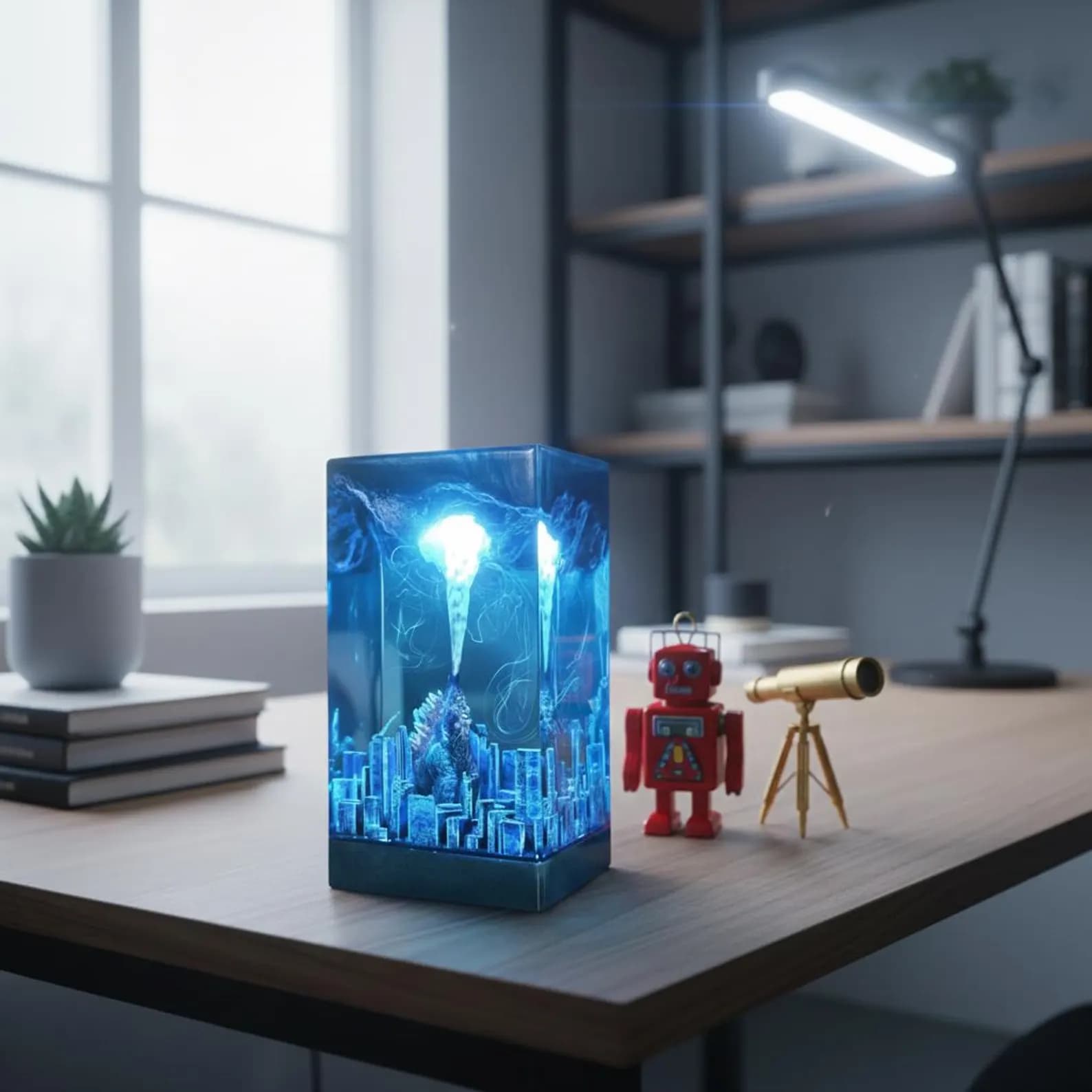 Godzilla Resin Lamp: Handmade Monster Night Light, Epoxy Wood Decoration 3