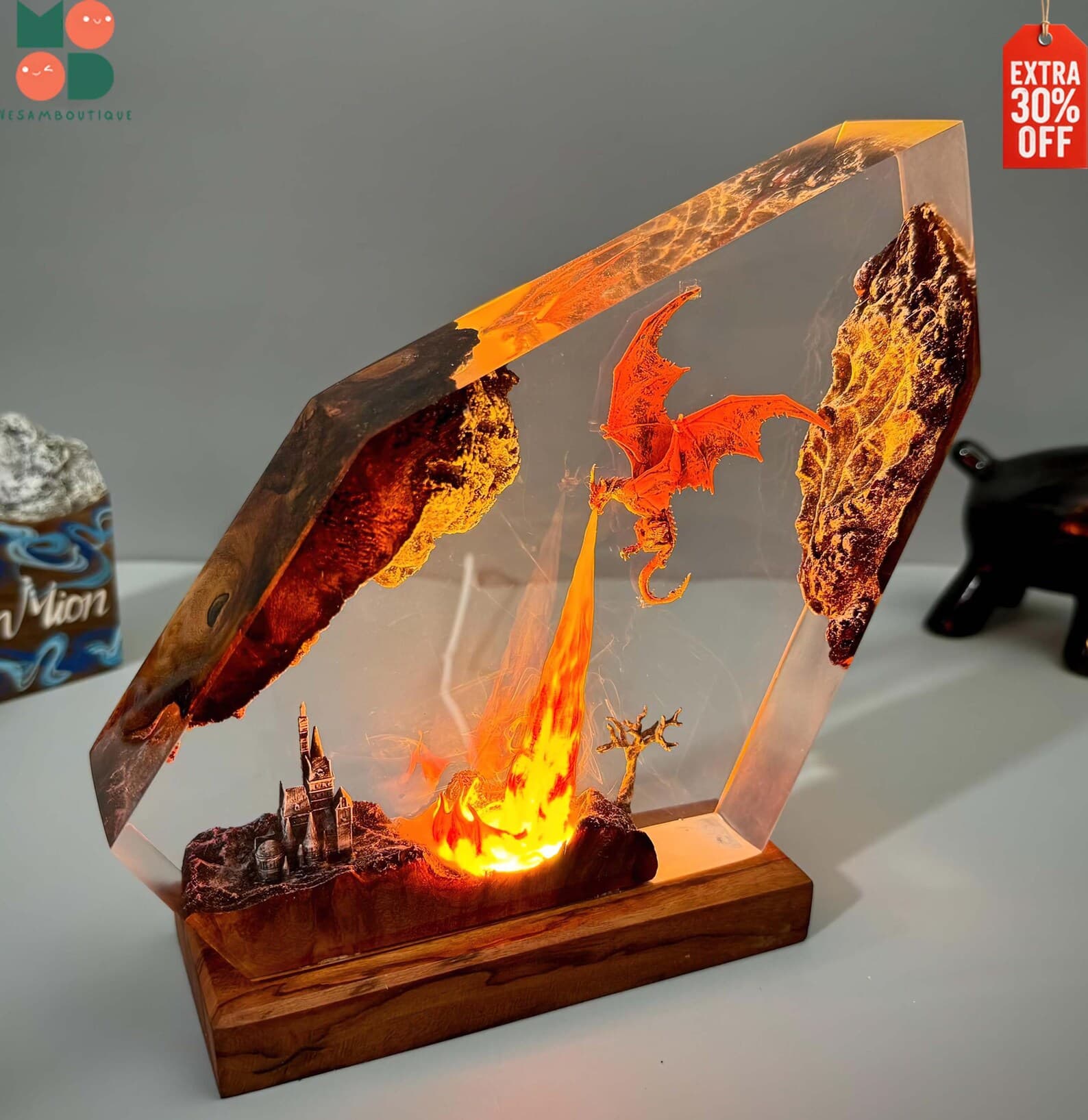 Fire breath dragon resin lamp, resin art, dragon art,dragon statue,table lamp,gift for him, gaming decoration, dragon lamp as Halloween gift 3