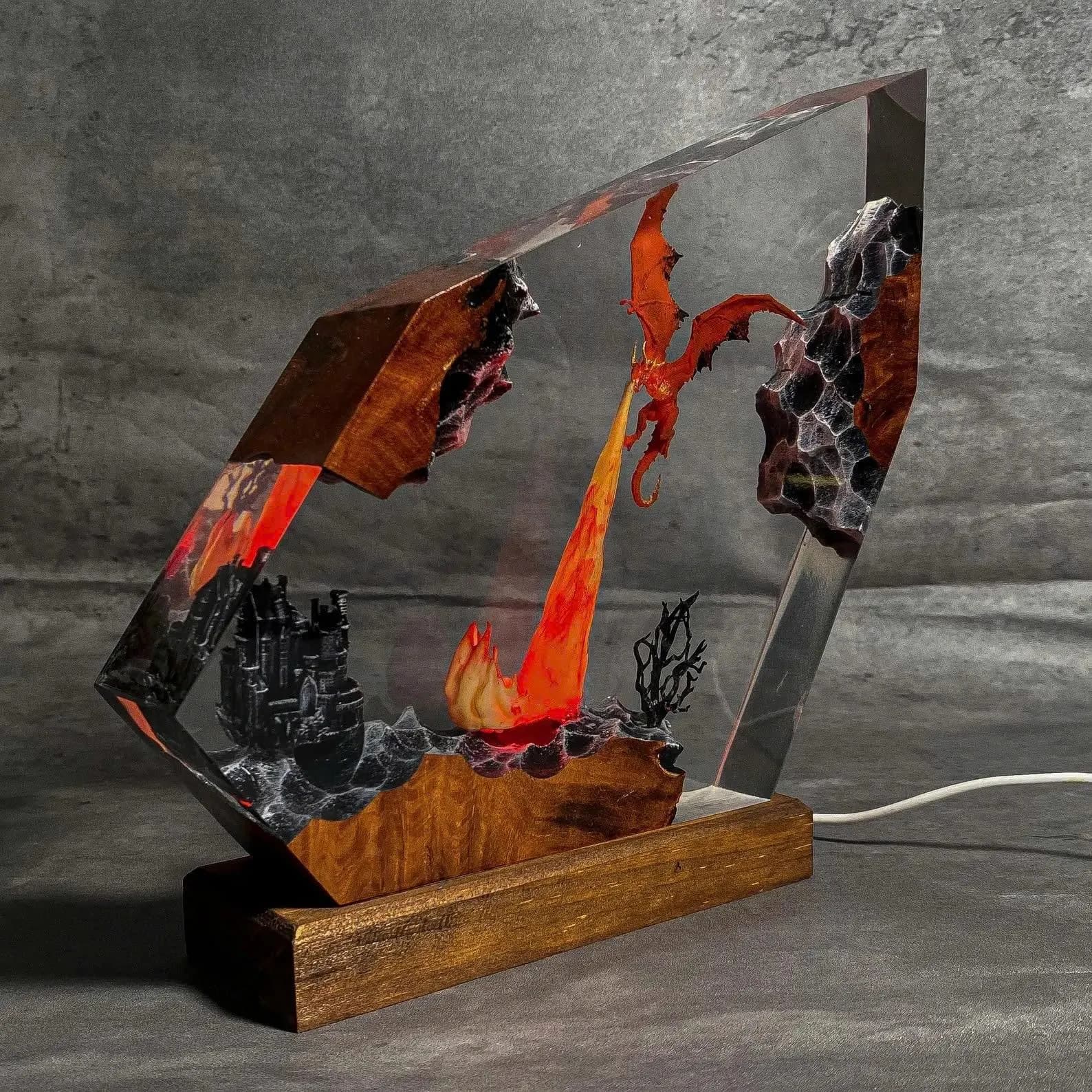 Fire Dragon Resin Lamp, Fantasy Dragon Night Light, Handmade Dragon Figure Lamp, Unique Resin Art Lamp, Birthday Gift for Him 9