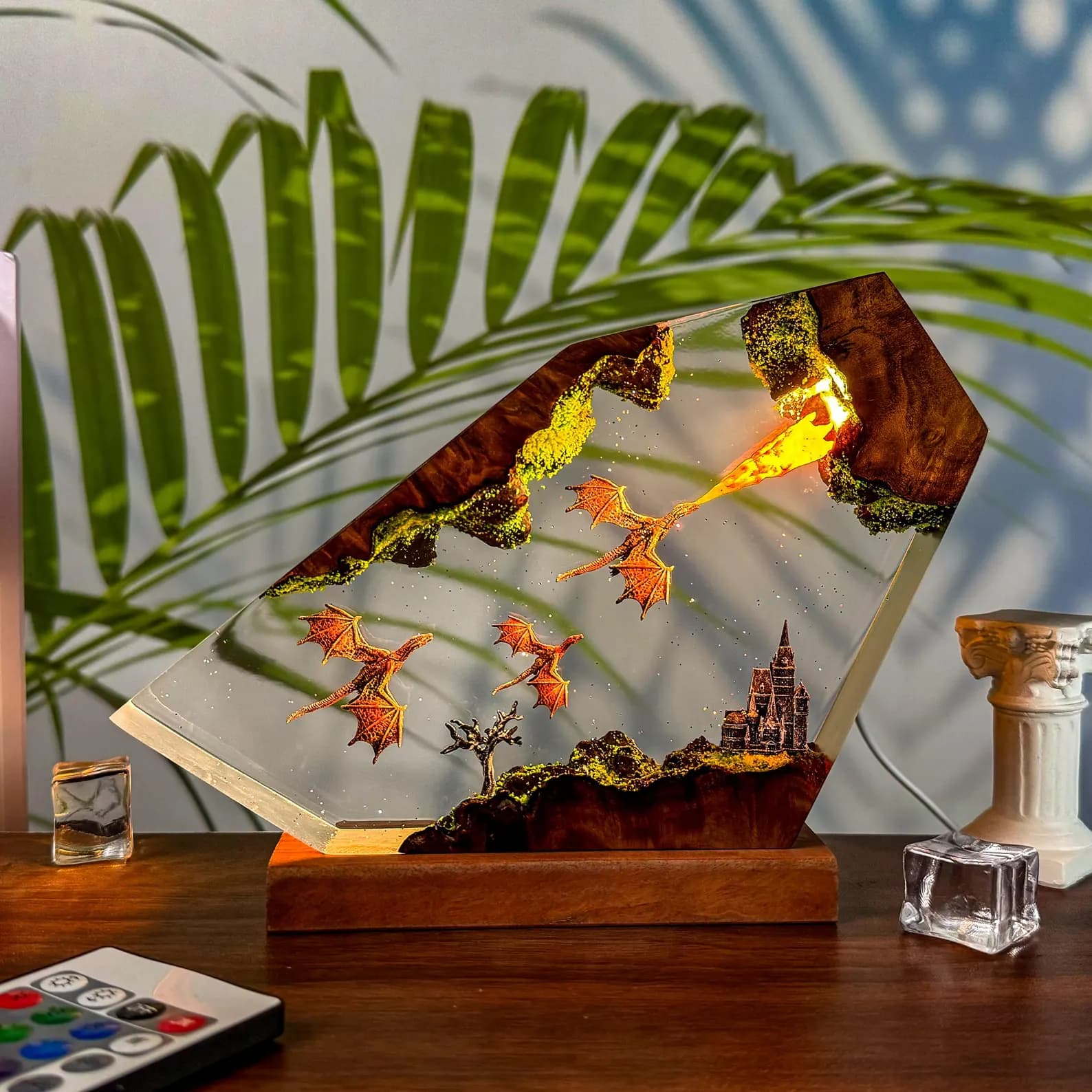 Dragon Fire Resin Lamp • Fantasy Castle LED Light • Flying Dragons Art Sculpture • Handmade Night Light • Unique Fantasy Gift 1