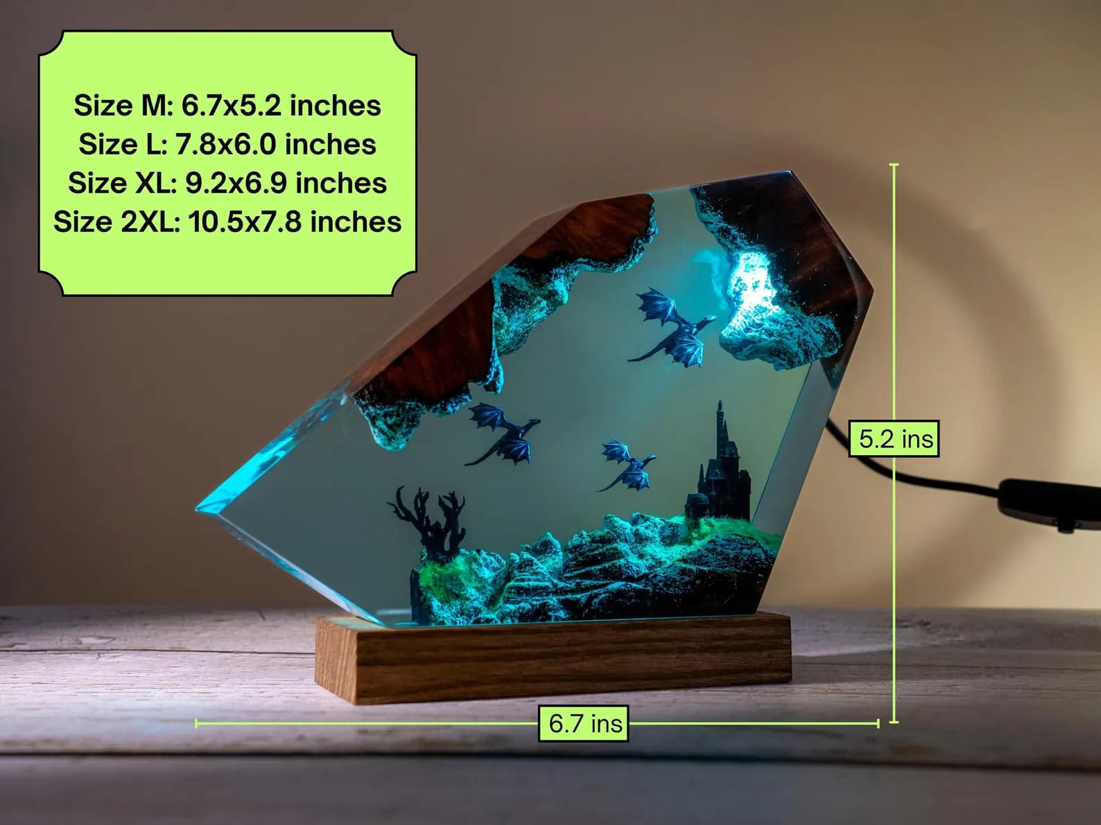 Dragon Resin Night Light: RGB LED Lamp, Wood Base 8