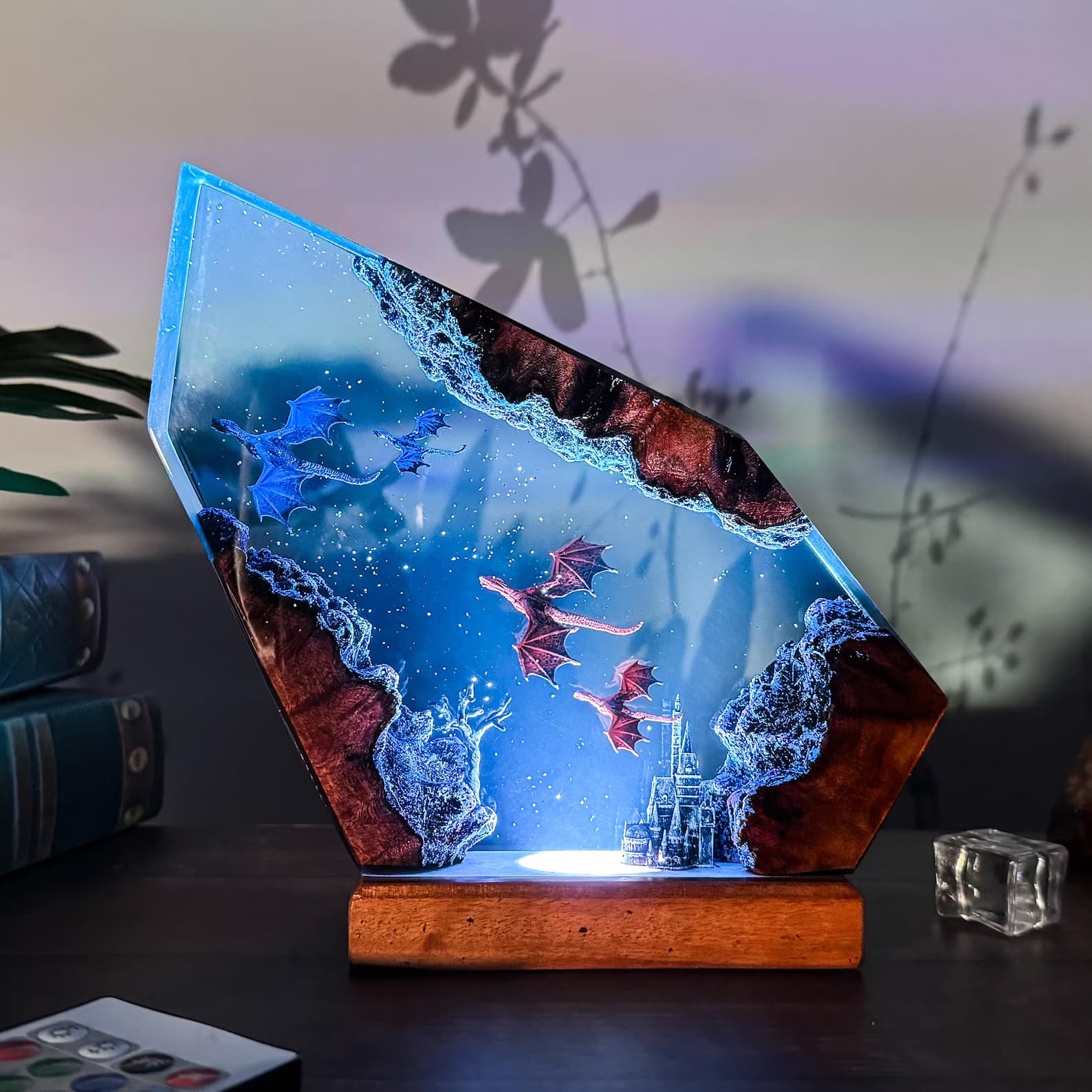 Handmade Fire & Ice Dragon Lamp : 3D Resin Wood Decor , Fantasy LED Light Gift 1