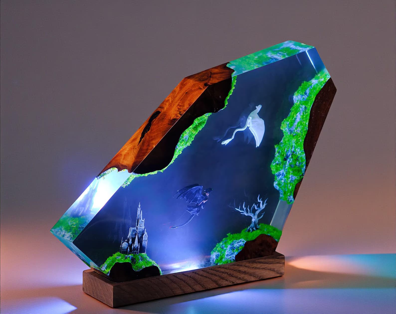 handmade dragon resin lamp, epoxy wood night light, fantasy bedroom decor, custom resin lamp gift, unique collectible lamp for dragon fans 6