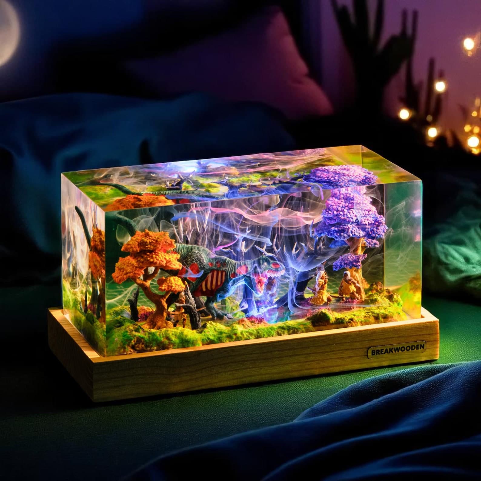 Fantasy Dinosaur Diorama LED Light, Resin Terrarium Night Lamp, Dragon Jungle Scene, DnD Decor, Geek Gift, Unique Handmade Light 4