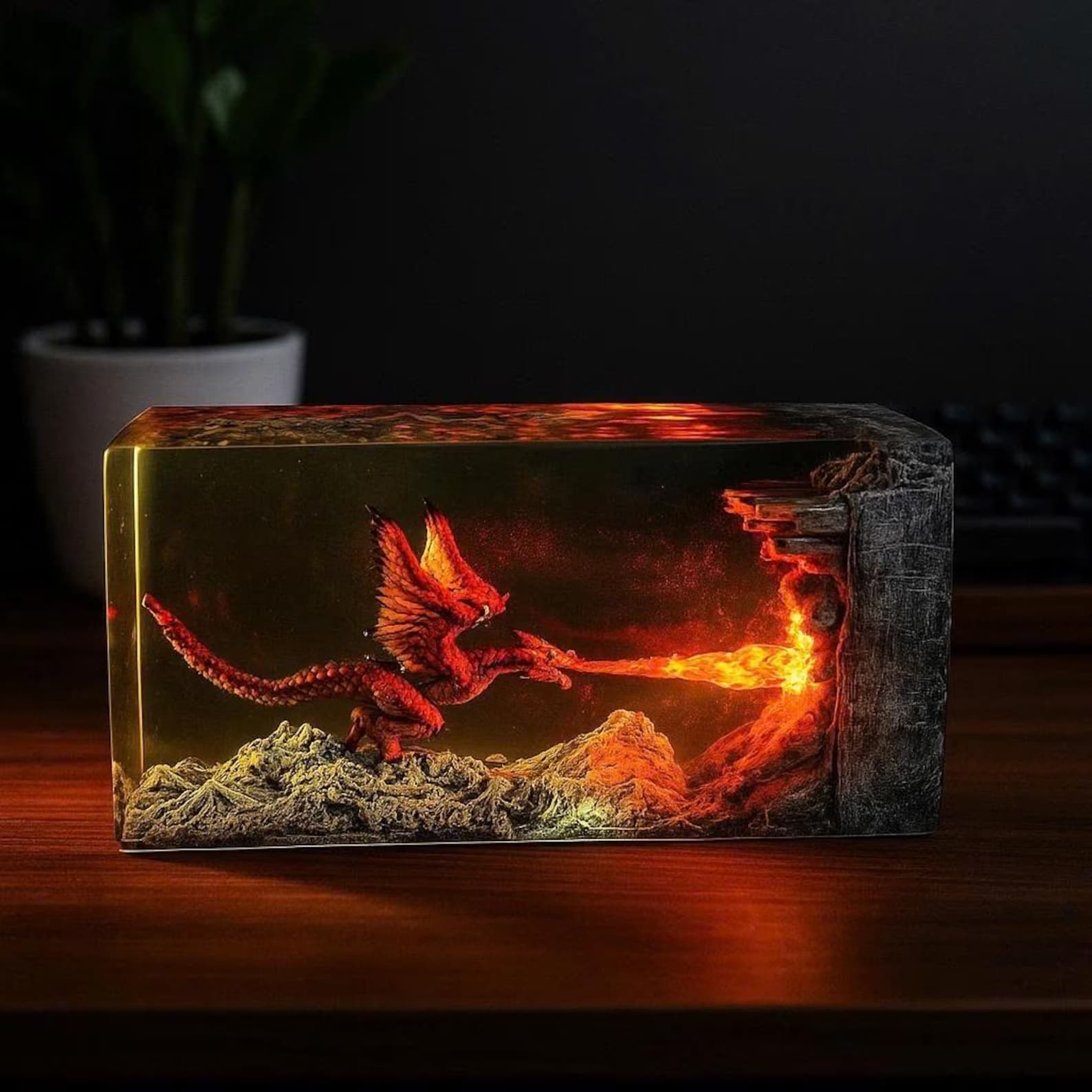 Fire Dragon Resin Lamp, Dragon Legend Diorama, Dragon figures, Best Dragon lamp unique night lamp, gifts for boyfriend, Dragon miniature 6