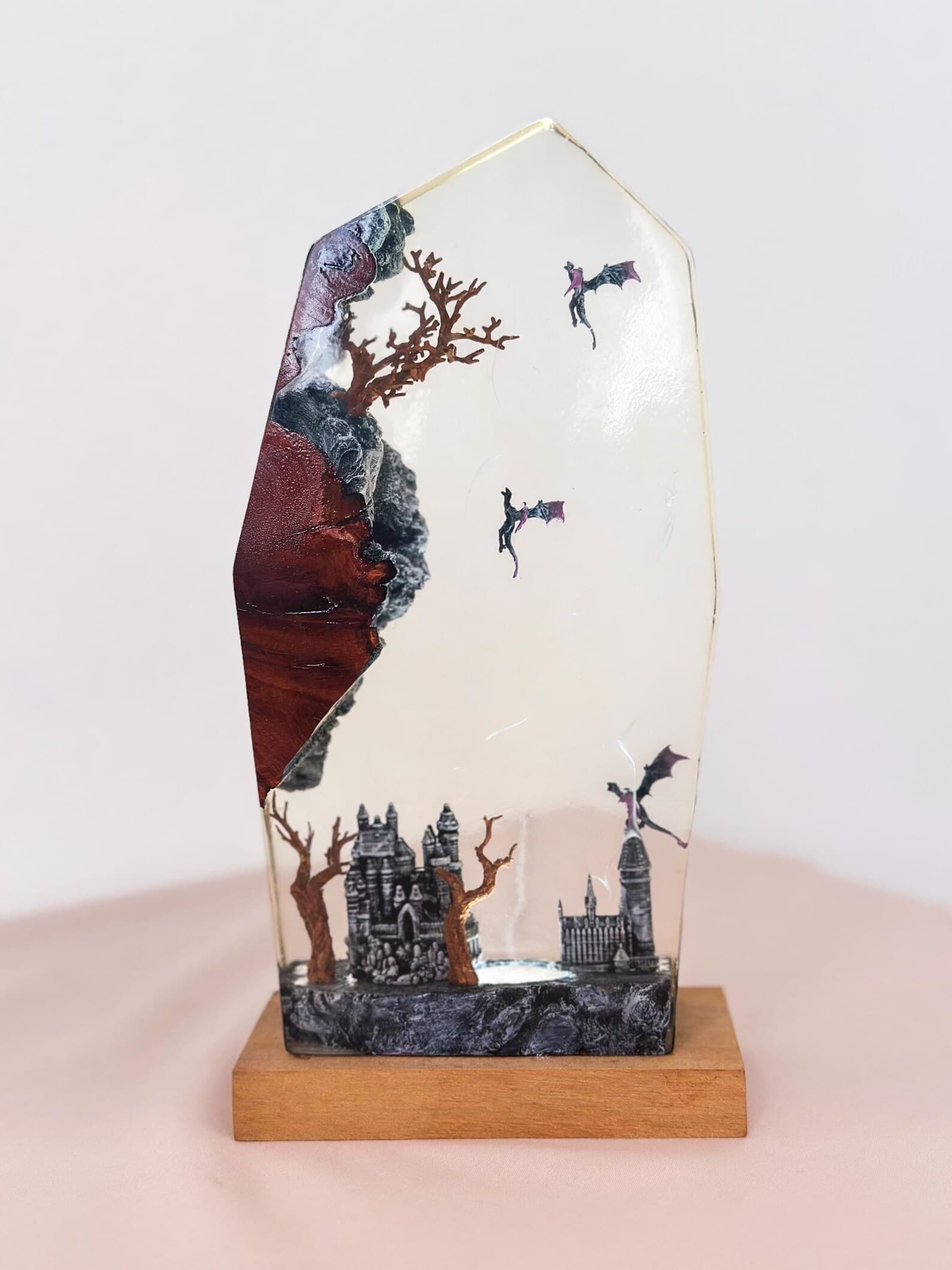 Night Sky Dragons Resin Lamp,Diorama Dragon Resin Lamp, Dragon Castle Epoxy Lamp , Handmade Flying Duo Light, Christmas gift 2