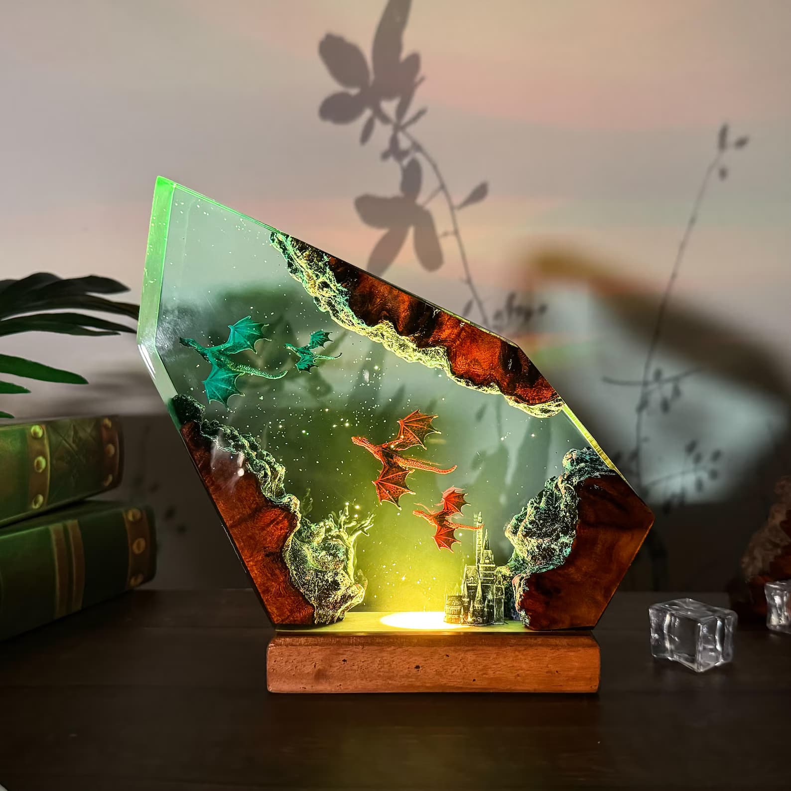 Handmade Fire & Ice Dragon Lamp : 3D Resin Wood Decor , Fantasy LED Light Gift 11