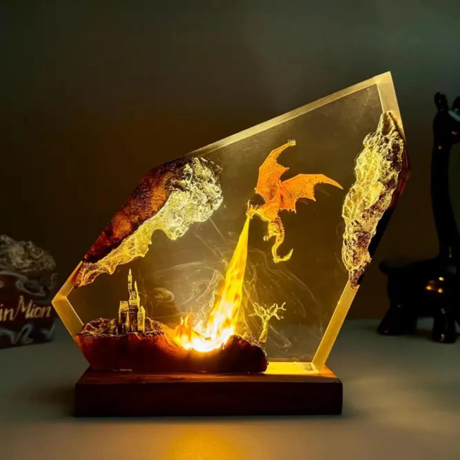 Fire Dragon Resin Lamp, Fantasy Dragon Night Light, Handmade Dragon Figure Lamp, Unique Resin Art Lamp, Birthday Gift for Him 1