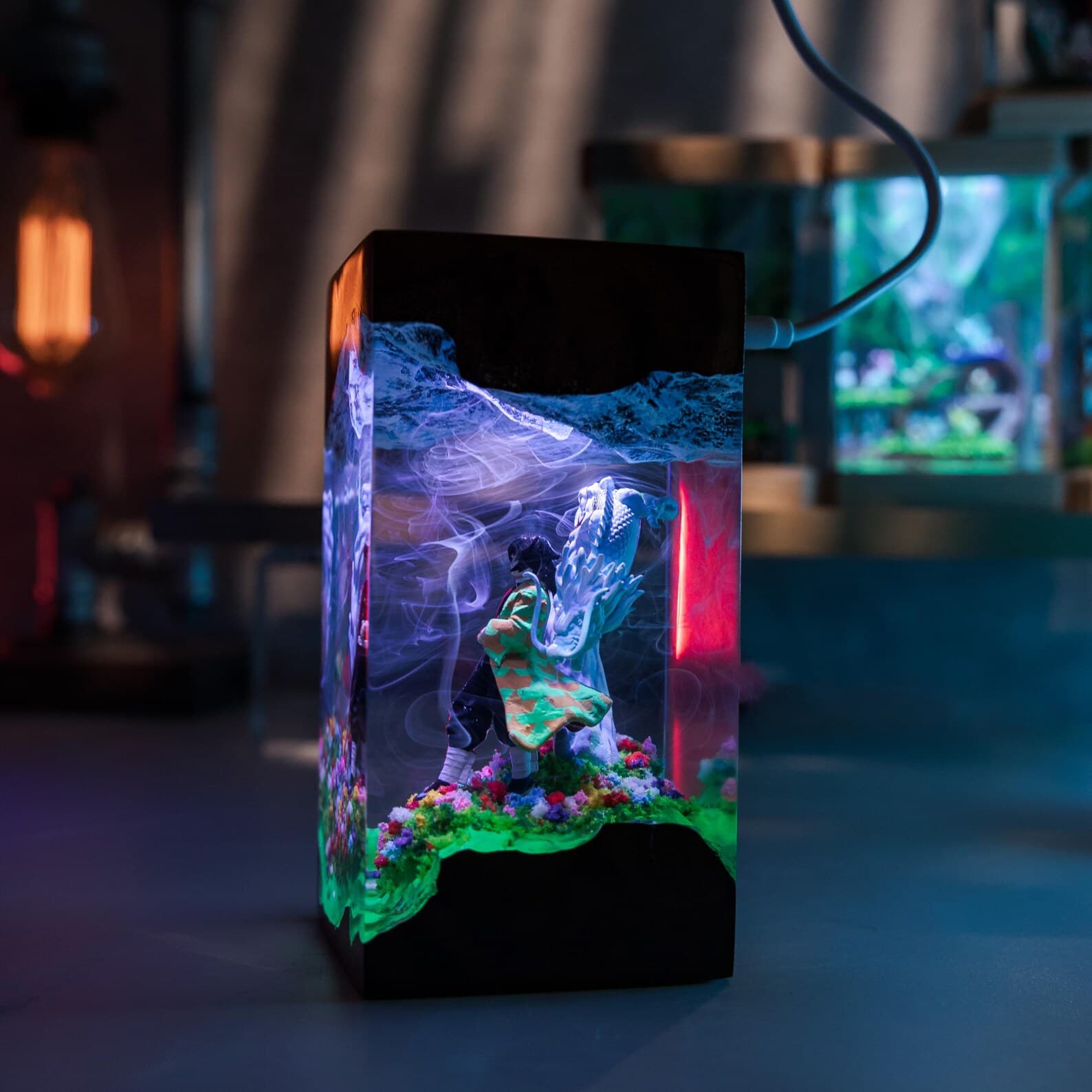 Handmade Anime Resin Diorama Lamp – Dragon and Swordsman Decorative Art Light, Custom Night Light, Table Lamp, Gift for Him, Christmas Gifts 11