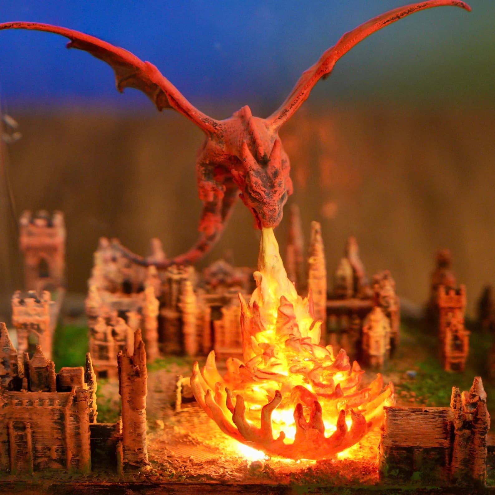 Dragon Breathing Fire on City, Fantasy Dragon Lamp – Resin & Wood Night Light – Fire Dragon Attacking City Gift for him 8