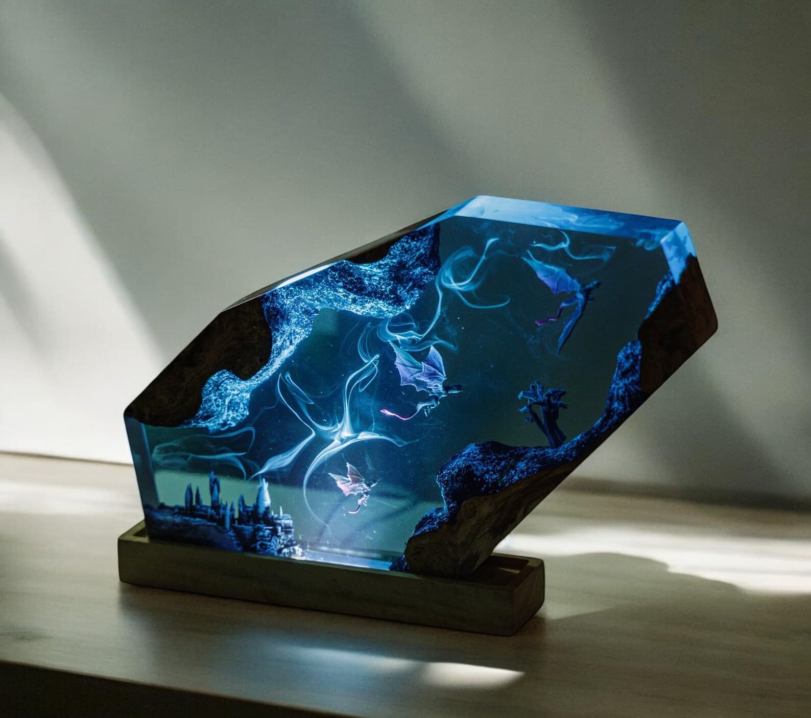 Handmade Dragon Resin Lamp: Asian Decor, Wood Base 7