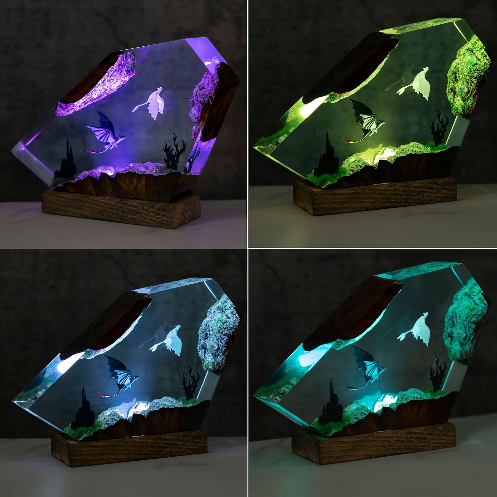 Handmade Dragon Diorama Lamp – LED Color-Changing Night Light with Wood Base – Crystal-Shard Sculpture Decor 9