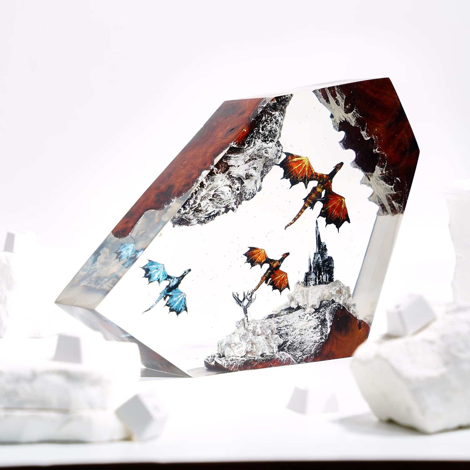 Dragon Siege Epoxy Resin Lamp – Handmade Diorama Fantasy Light – Red Dragons & Castle Centerpiece, Gift for Him 4