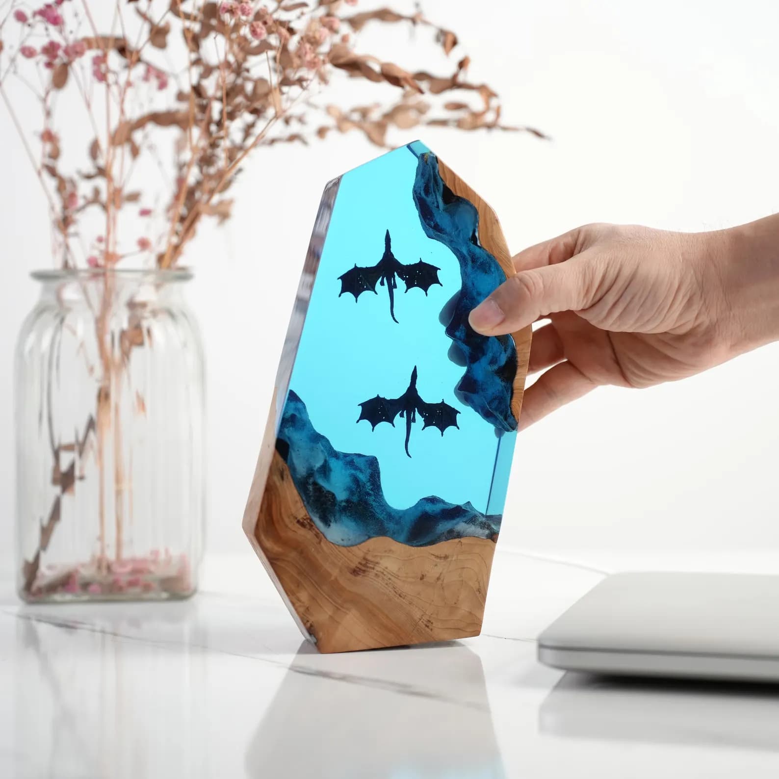 Fire & Ice Dragon Resin Wood Lamp – Fantasy Dragon Night Light, Gamer Desk Decor, Unique Collector Gift 1