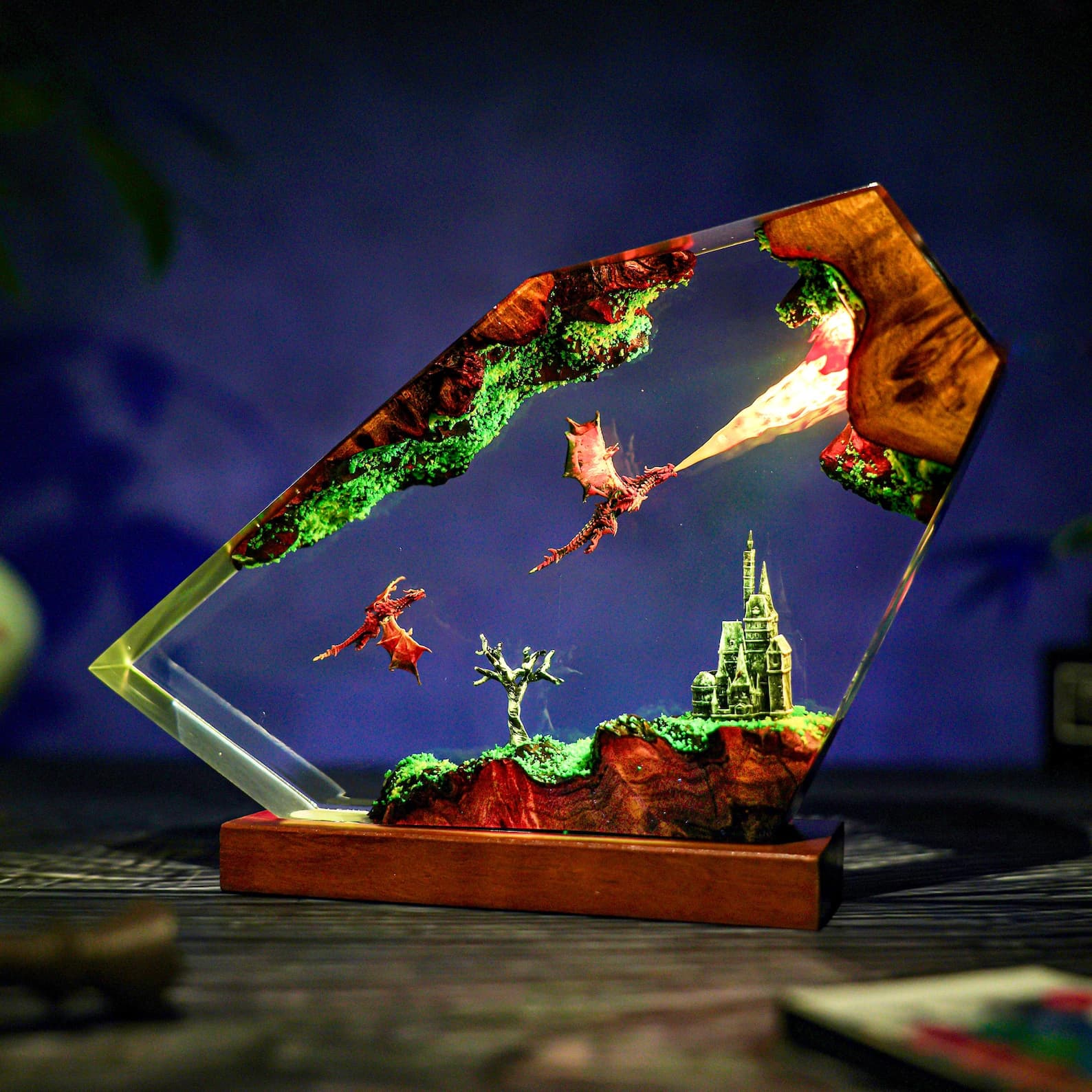 Fire Dragon Resin Lamp: Handmade Fantasy Night Light with RGB LED
