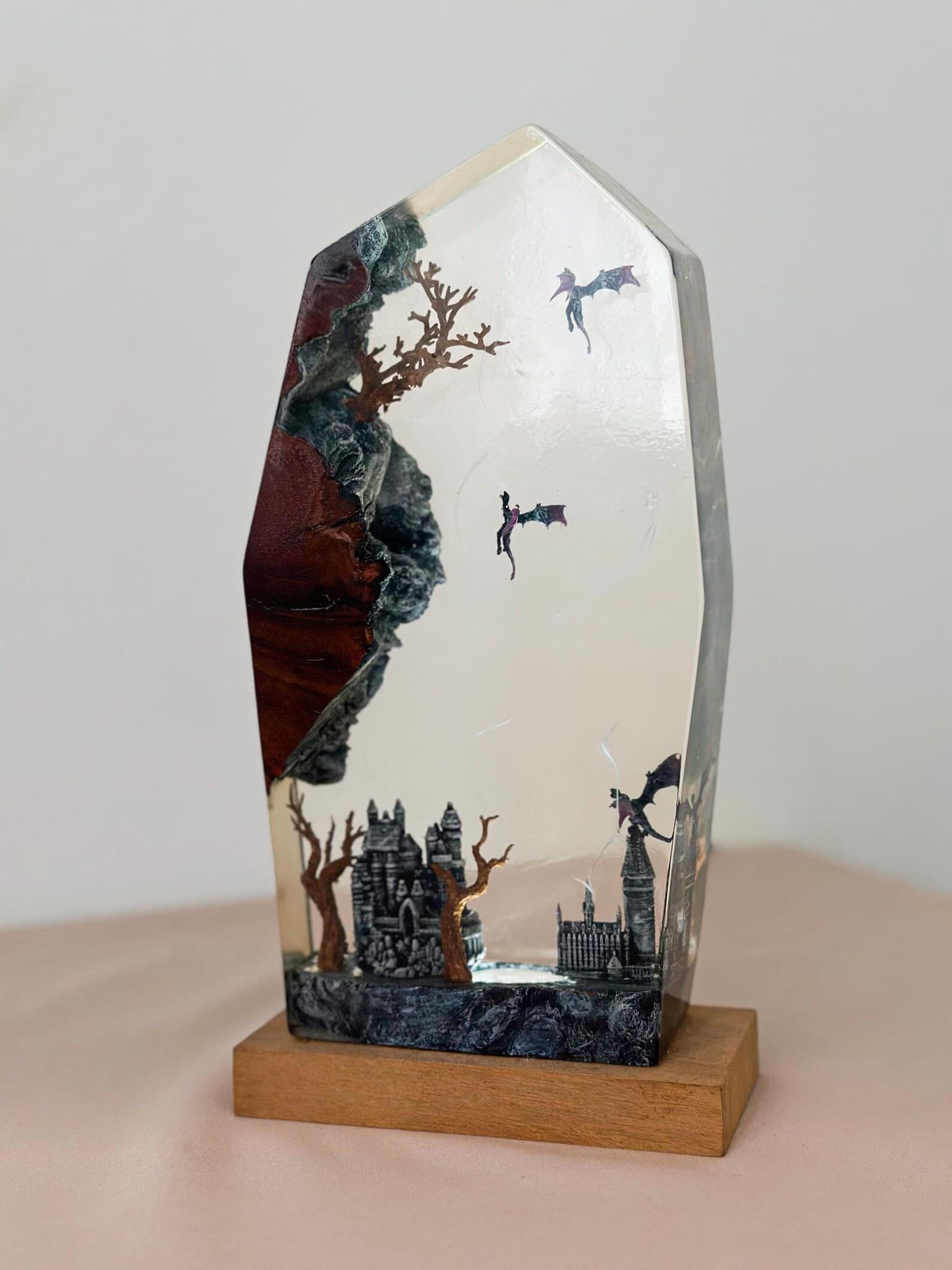 Night Sky Dragons Resin Lamp,Diorama Dragon Resin Lamp, Dragon Castle Epoxy Lamp , Handmade Flying Duo Light, Christmas gift 1