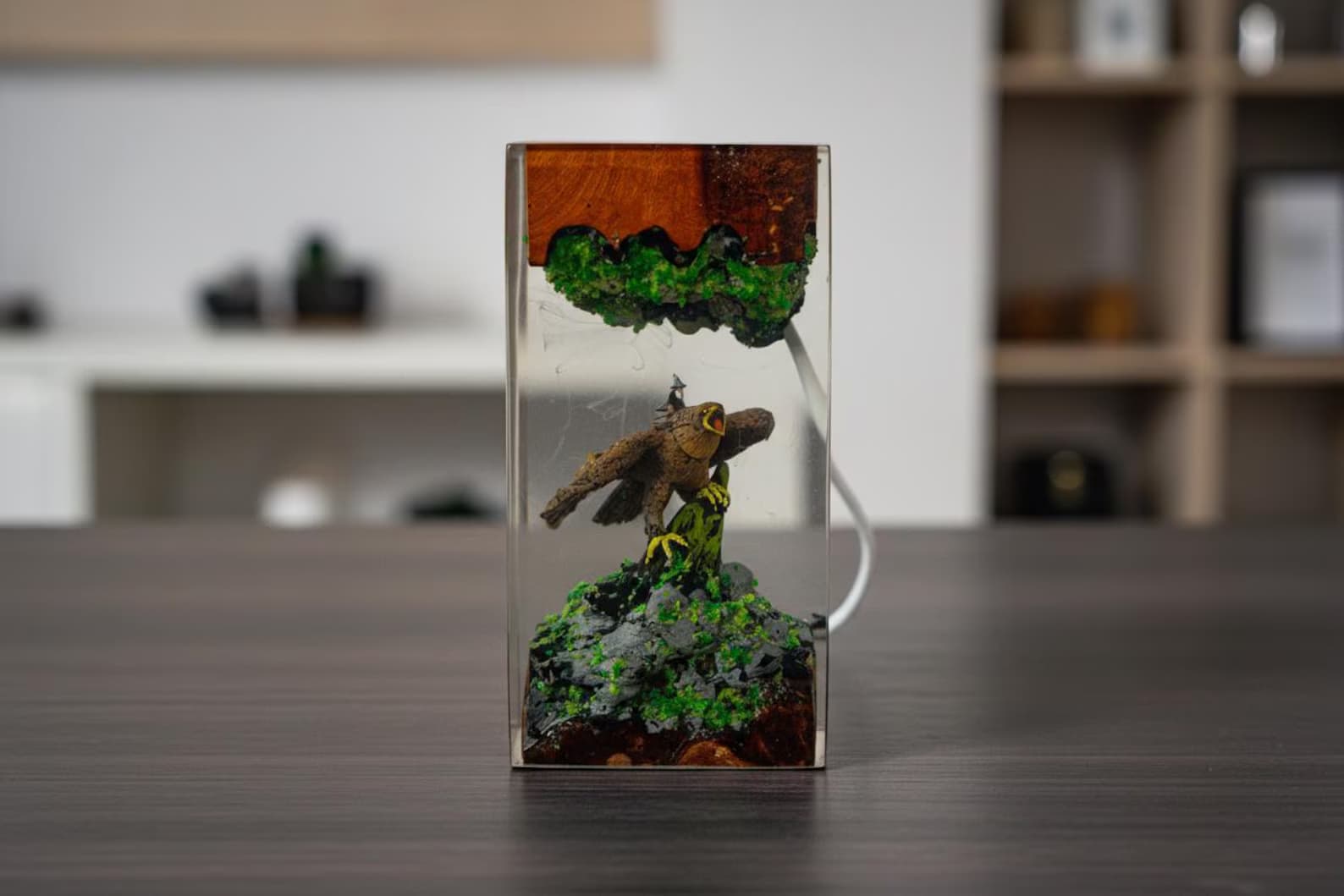 Dragon Sculpture Night Light, Handcrafted Epoxy Resin & Wood Diorama, Unique Geek Gift, Mythological Creature Art Lamp 4