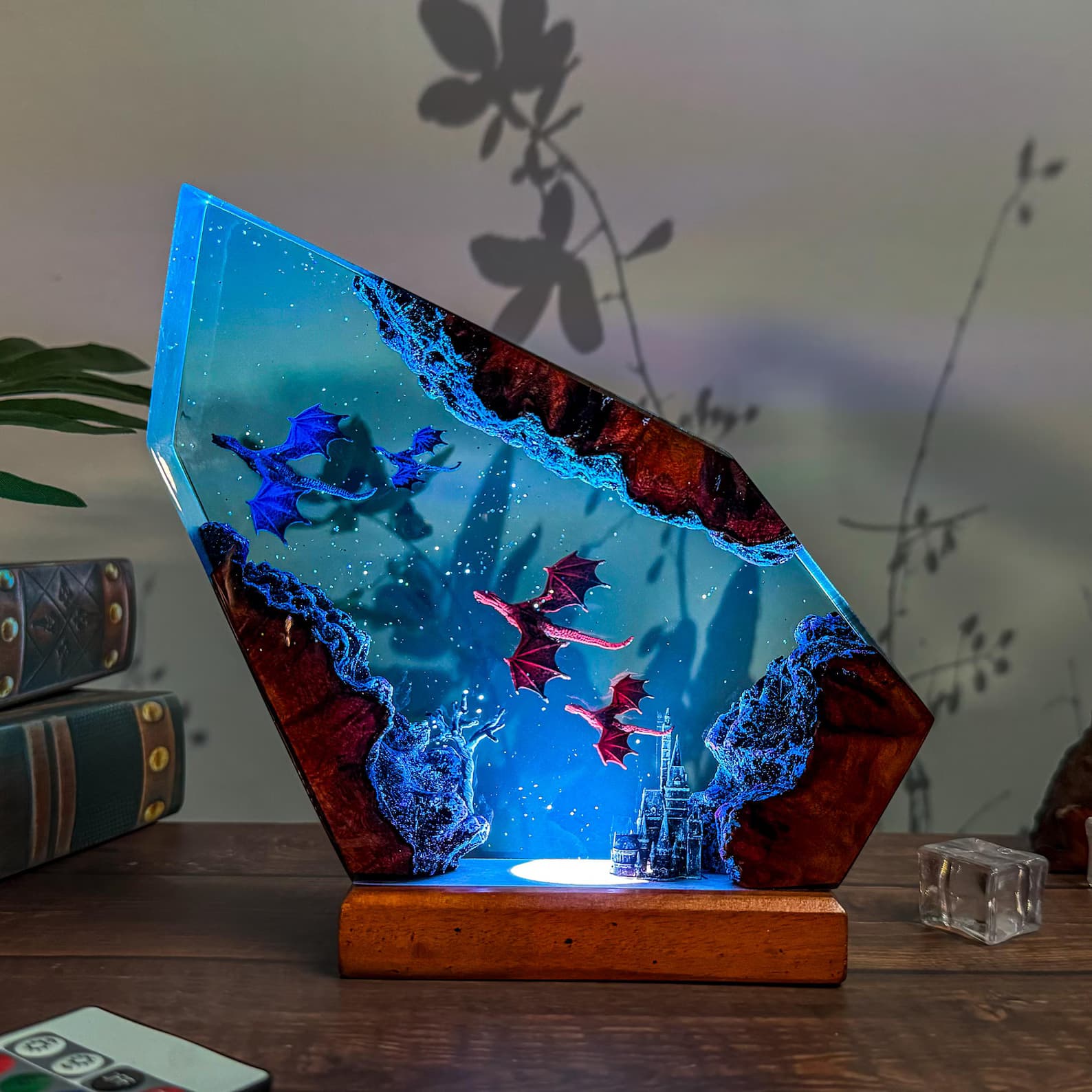 Handmade Fire & Ice Dragon Lamp : 3D Resin Wood Decor , Fantasy LED Light Gift 7