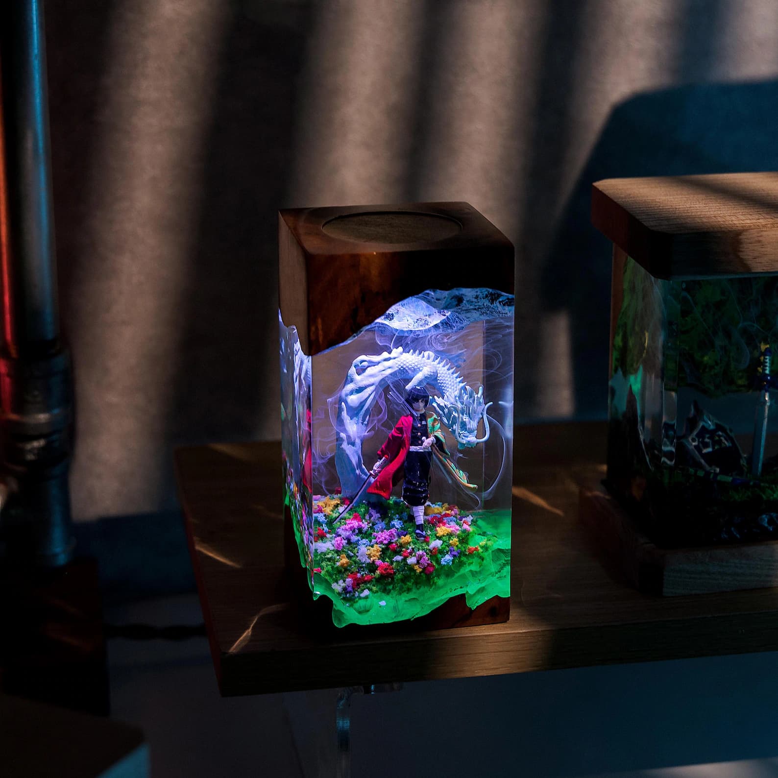 Handmade Anime Resin Diorama Lamp – Dragon and Swordsman Decorative Art Light, Custom Night Light, Table Lamp, Gift for Him, Christmas Gifts 3