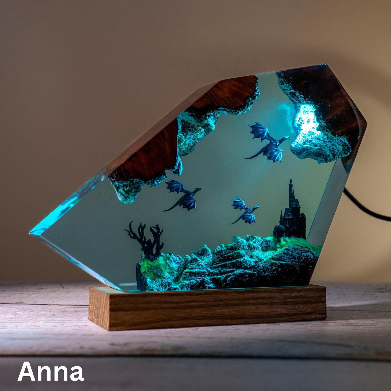 3D Dragon Table Lamp: Wood & Resin RGB LED Lamp