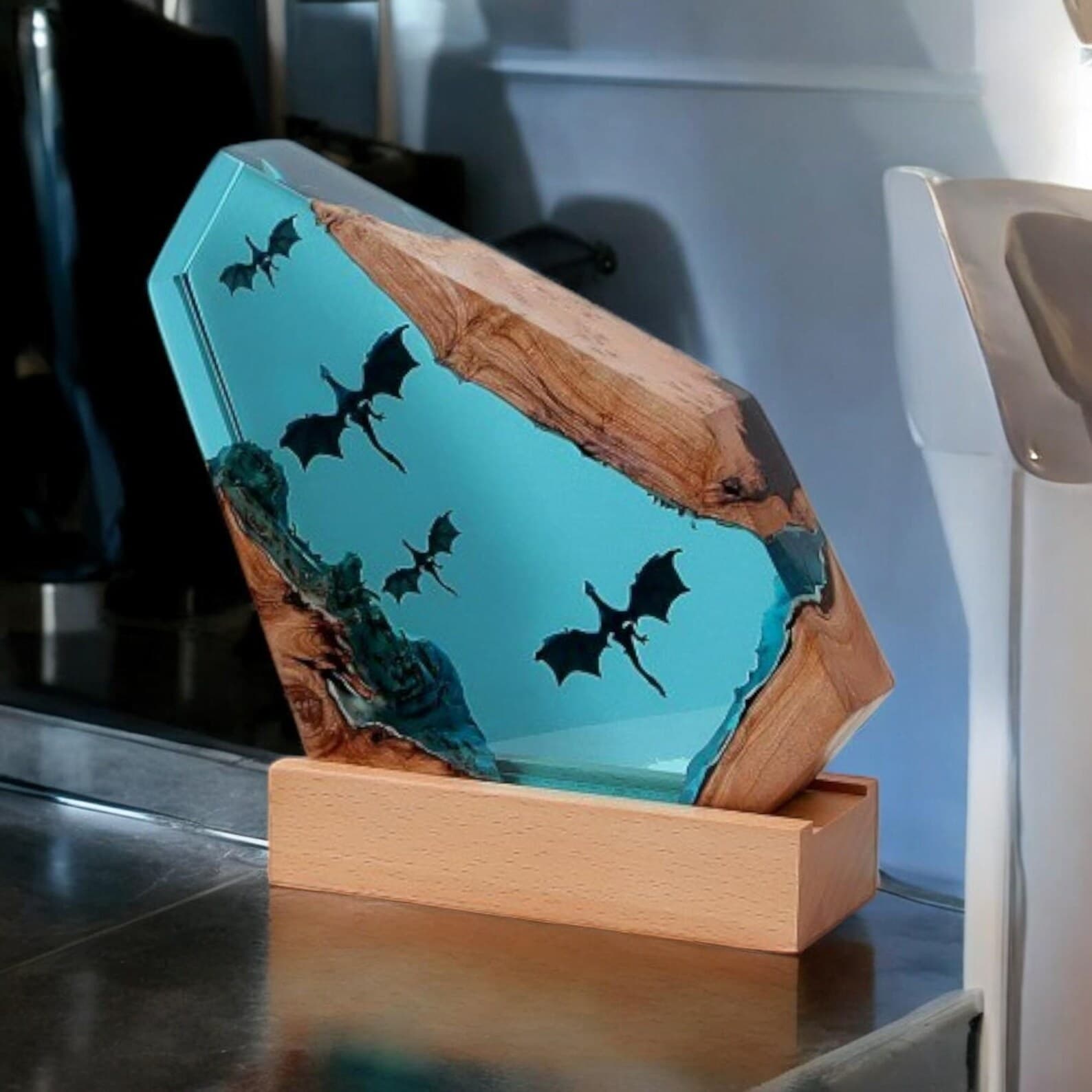 Handmade Dragon Lamp: 3D Resin Wood Fantasy Table Light 6