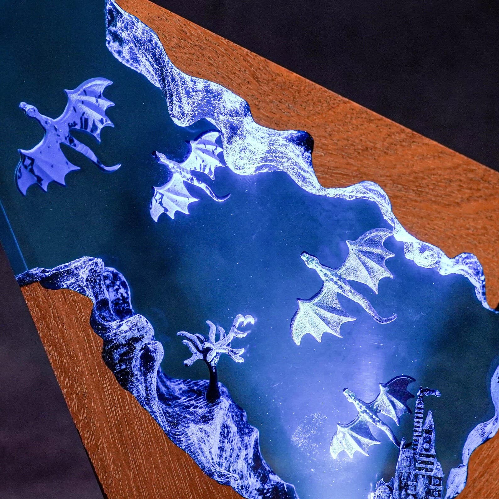 Handmade Dragon Lamp - Enchanted Castle in Resin and Wood - Room Decoration 5