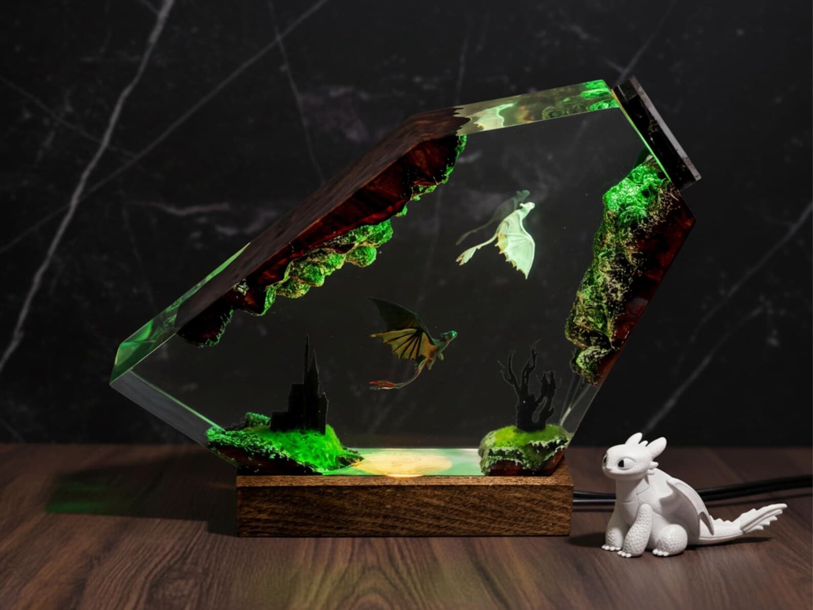 Fantasy Dragon Resin Lamp – Handmade LED Light with Flying Dragons and Castle Scene 11