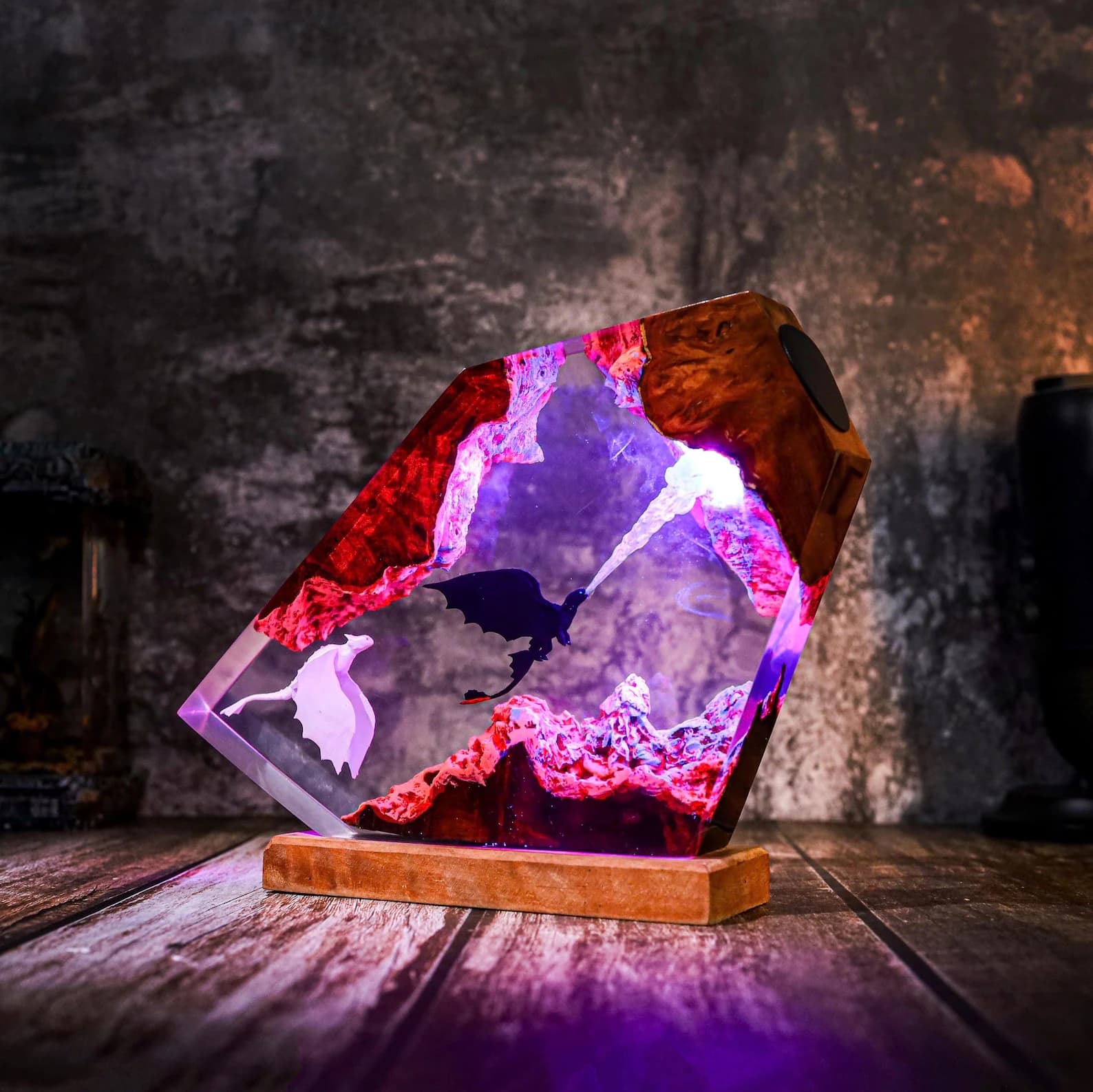 Blaze of the Night | Toothless & Light Fury Fantasy Lamp in Wood Resin epoxy Lamp Breath of the Night Fury Dragon Lamp httyd art 4
